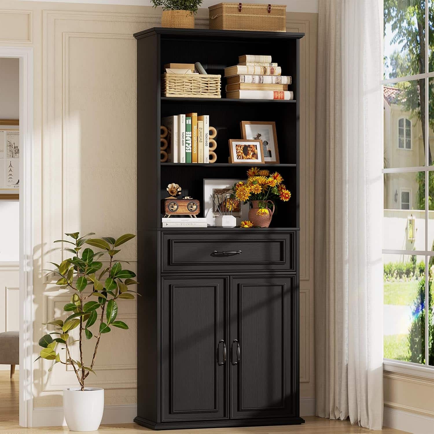 Aheaplus - 80'' Tall Bookcase with Drawer and Cabinet, Floor Standing Bookcase with 3-Tier Storage Shelves - Black