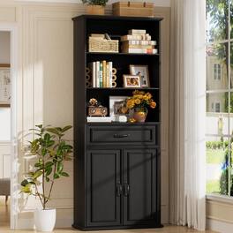 Aheaplus - 80'' Tall Bookcase with Drawer and Cabinet, Floor Standing Bookcase with 3-Tier Storage Shelves - Black