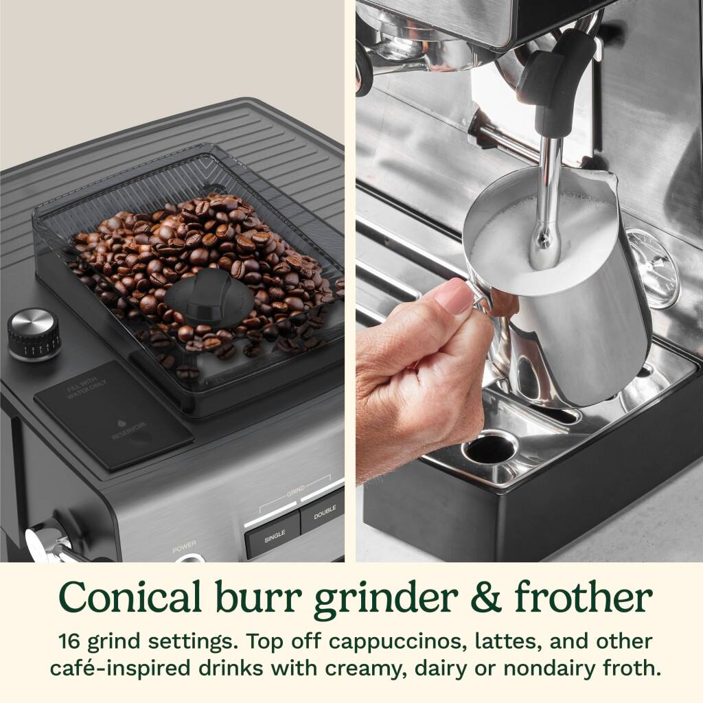 Conical burr grinder & frother: 16 grind settings. Top off cappuccinos, lattes, and other café-inspired drinks with creamy, dairy or nondairy froth.