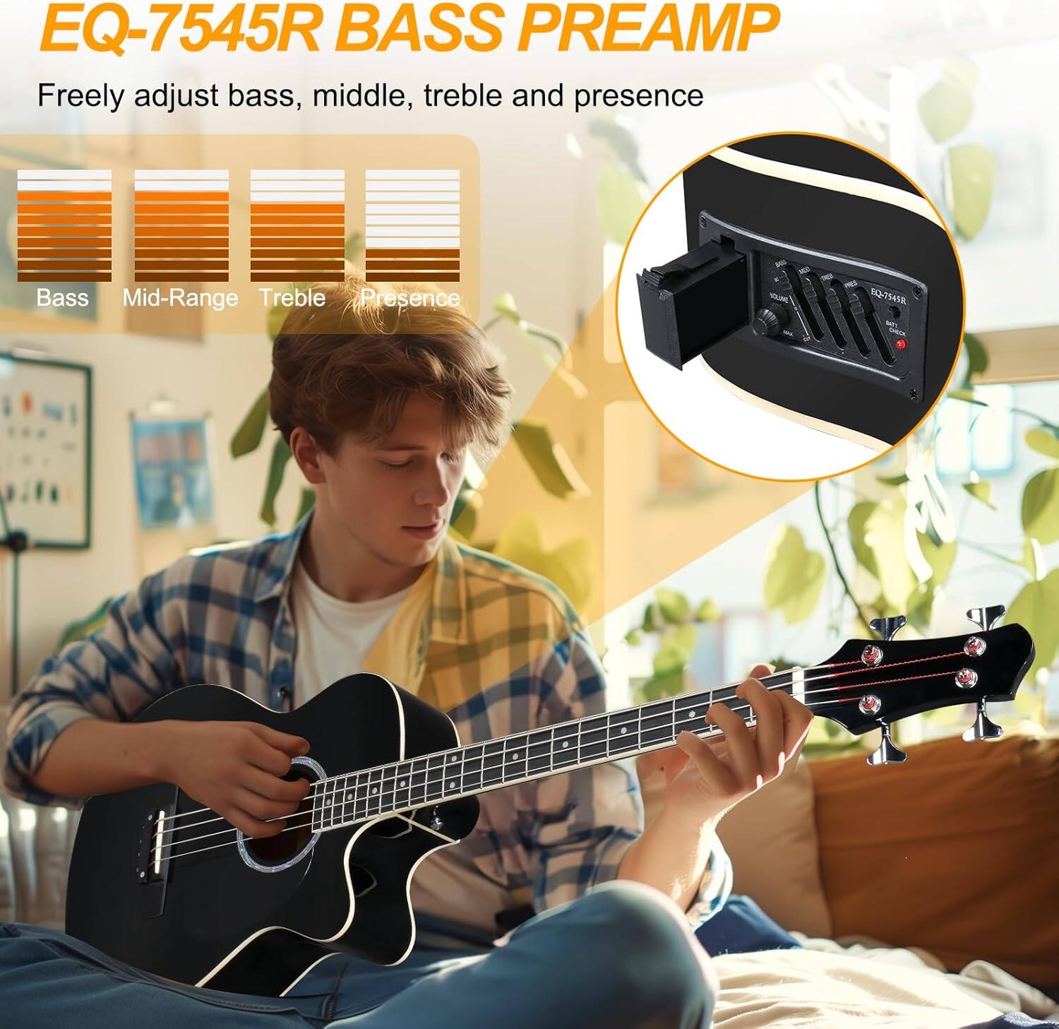 EQ-7545R BASS PREAMP

Freely adjust bass, middle, treble and presence

Bass Mid-Range Treble Presence