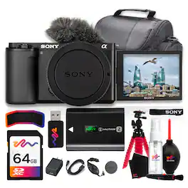 Bundle - Sony - ZV-E10 Mirrorless Camera Body (ILCZV-E10/B), 24.2MP APS-C CMOS Sensor + 64GB SD Card + Camera Bag + More