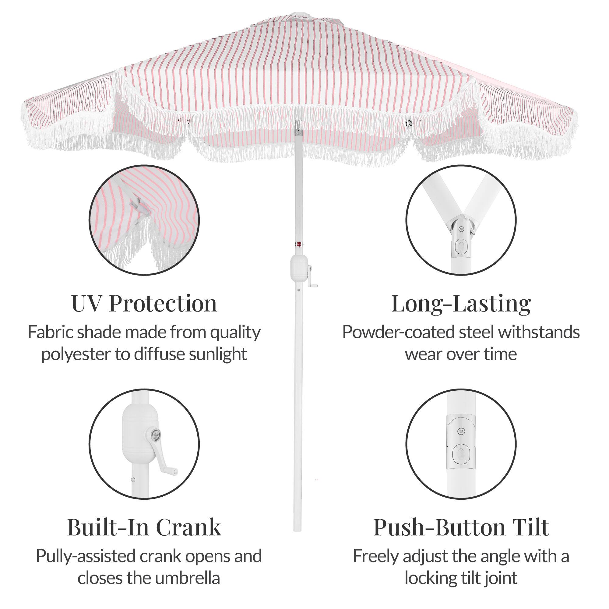 UV Protection  
Fabric shade made from quality polyester to diffuse sunlight  

Long-Lasting  
Powder-coated steel withstands wear over time  

Built-In Crank  
Pully-assisted crank opens and closes the umbrella  

Push-Button Tilt  
Freely adjust the angle with a locking tilt joint