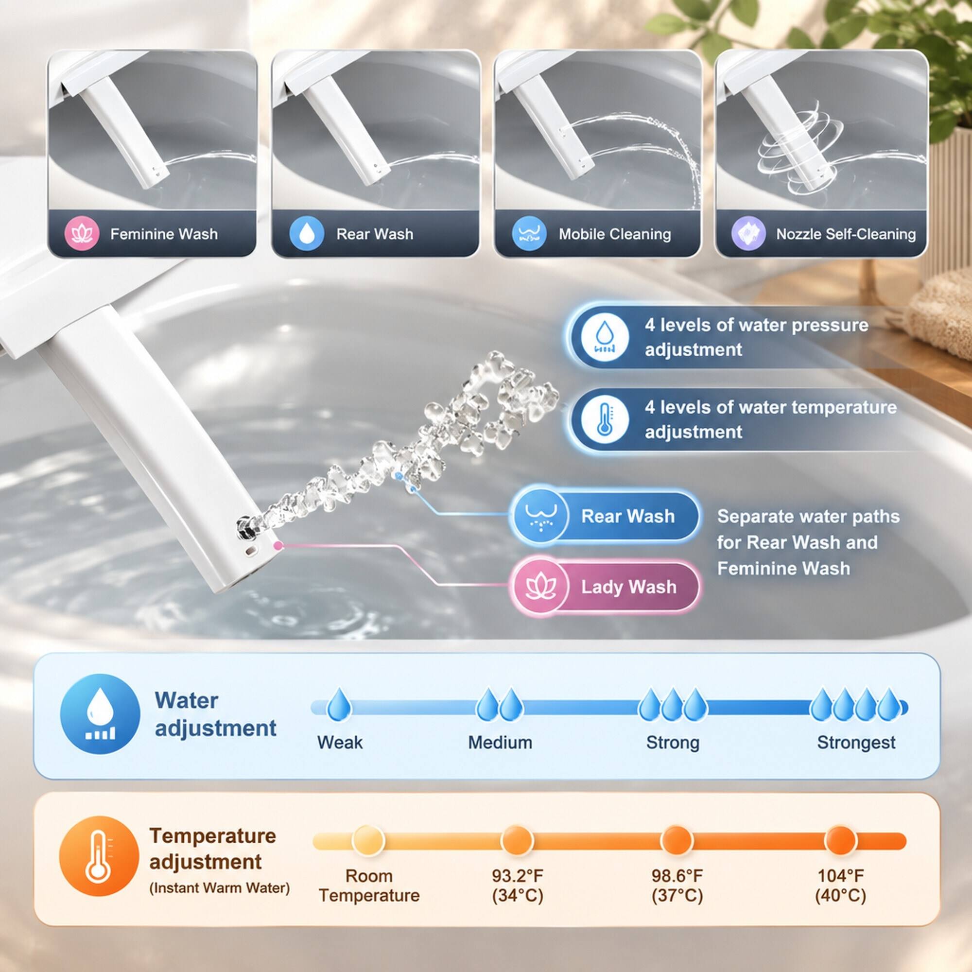 Feminine Wash  
Rear Wash  
Mobile Cleaning  
Nozzle Self-Cleaning  

4 levels of water pressure adjustment  
4 levels of water temperature adjustment  

Rear Wash  
Lady Wash  

Separate water paths for Rear Wash and Feminine Wash  

Water adjustment:  
Weak  
Medium  
Strong  
Strongest  

Temperature adjustment (Instant Warm Water):  
Room Temperature  
93.2°F (34°C)  
98.6°F (37°C)  
104°F (40°C)