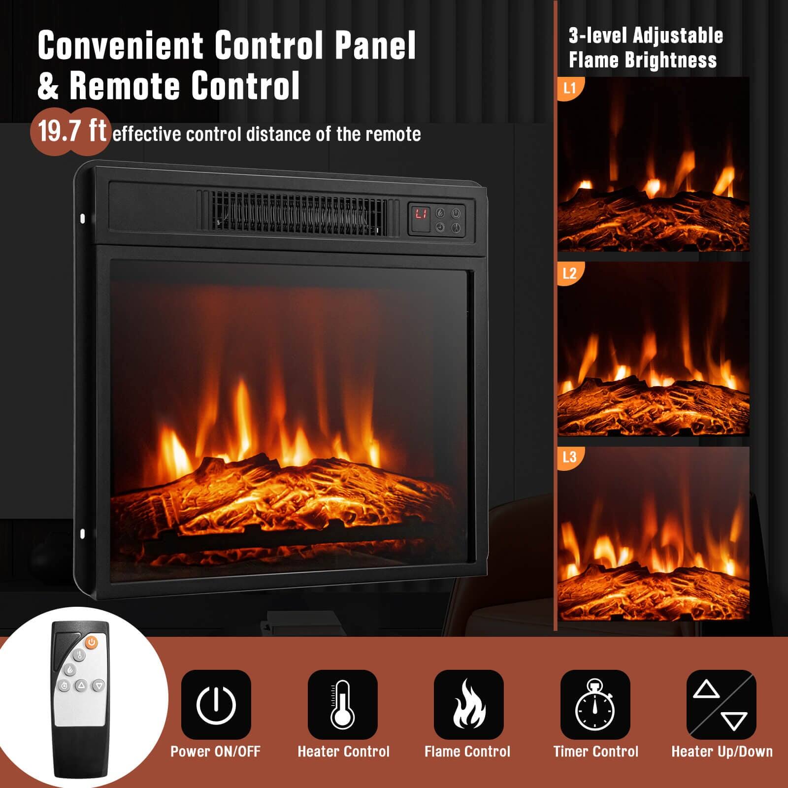 Convenient Control Panel & Remote Control  
19.7 ft effective control distance of the remote  

3-level Adjustable Flame Brightness  
L1  
L2  
L3  

Power ON/OFF  
Heater Control  
Flame Control  
Timer Control  
Heater Up/Down