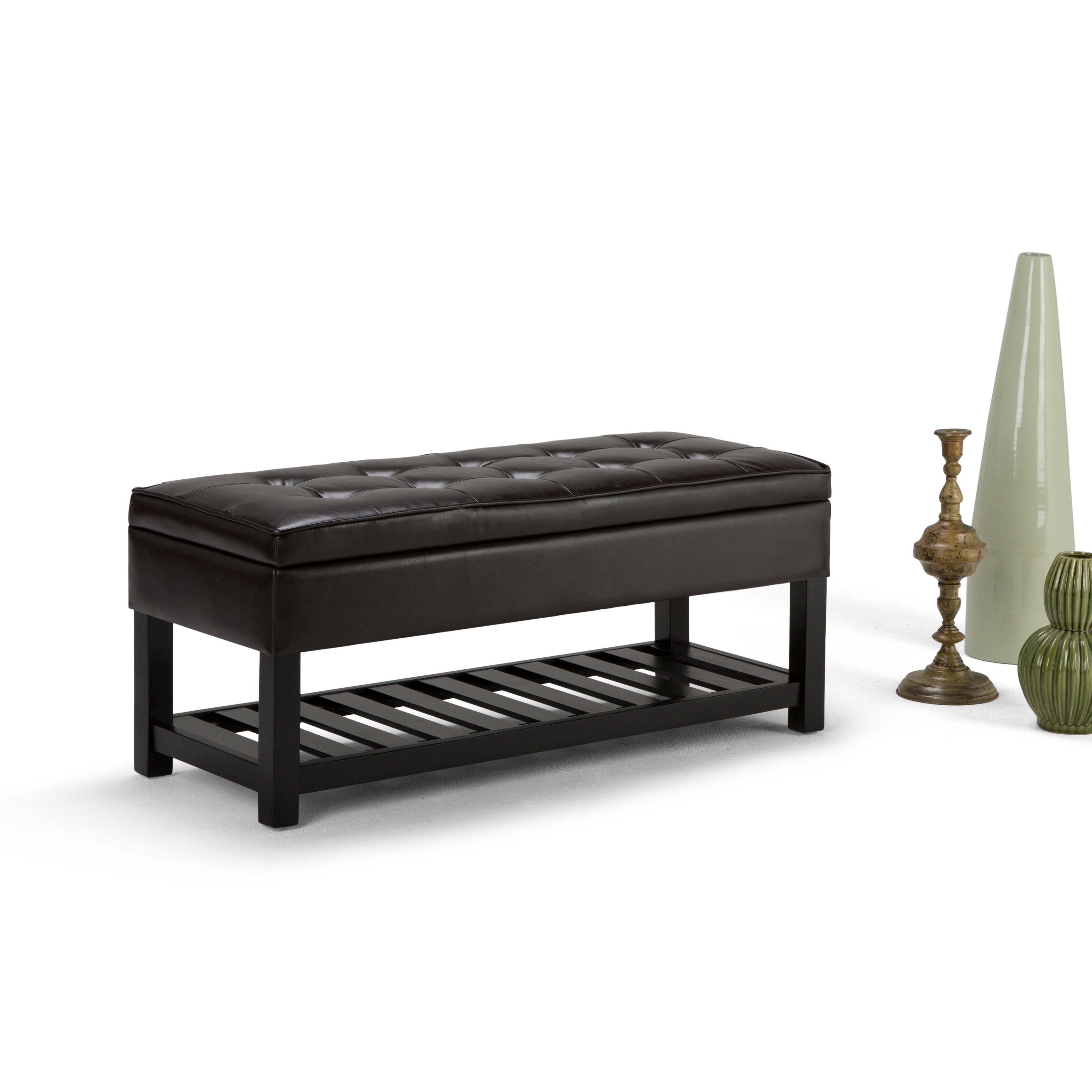 Angle. Simpli Home - Cosmopolitan 44 inch Wide Rectangle Storage Ottoman Bench in Tanners Brown Vegan Leather - Tanners Brown.