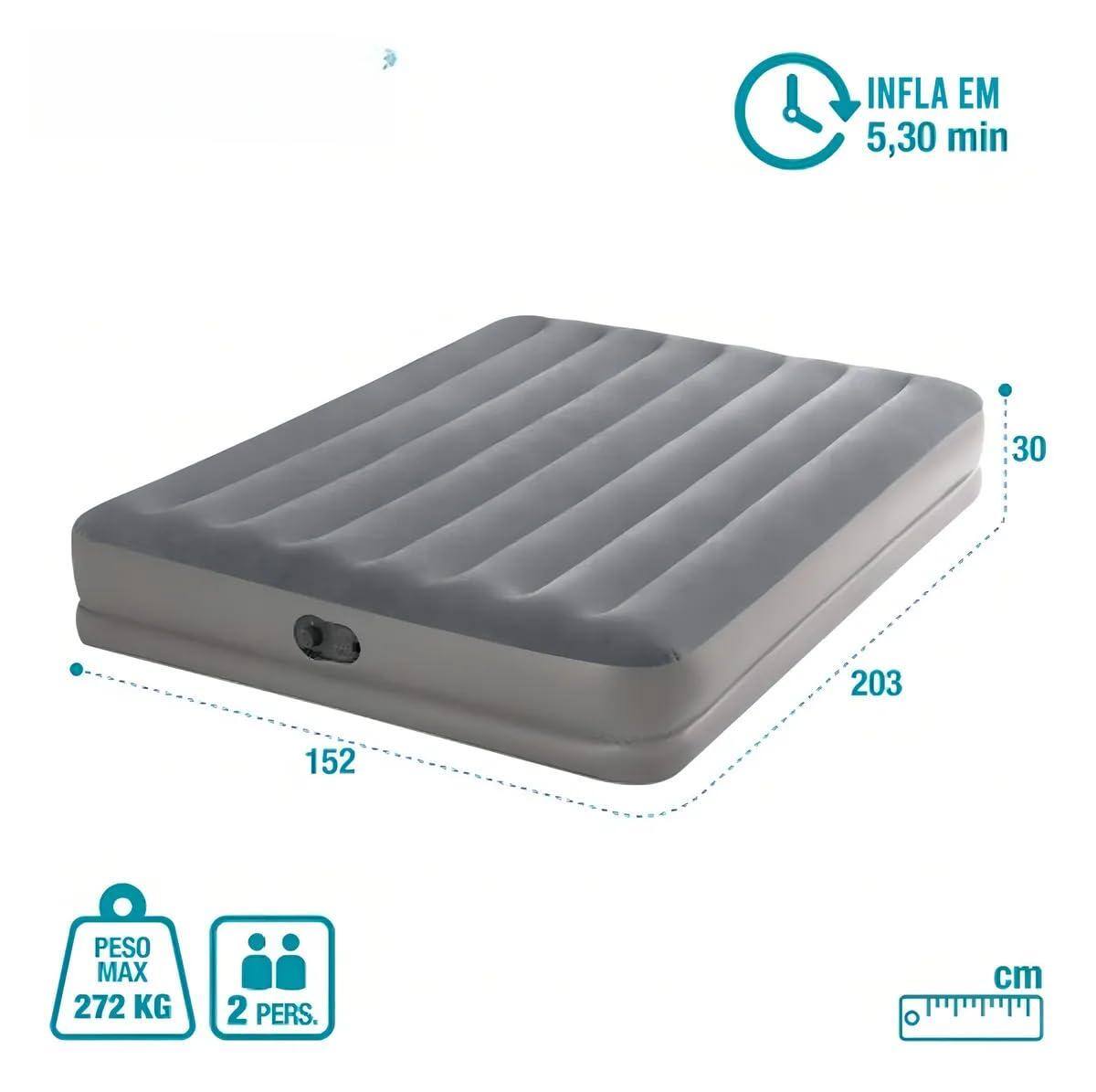 INFLA EM 5,30 min  
PESO MAX 272 KG  
2 PERS.  
152 cm x 203 cm x 30 cm