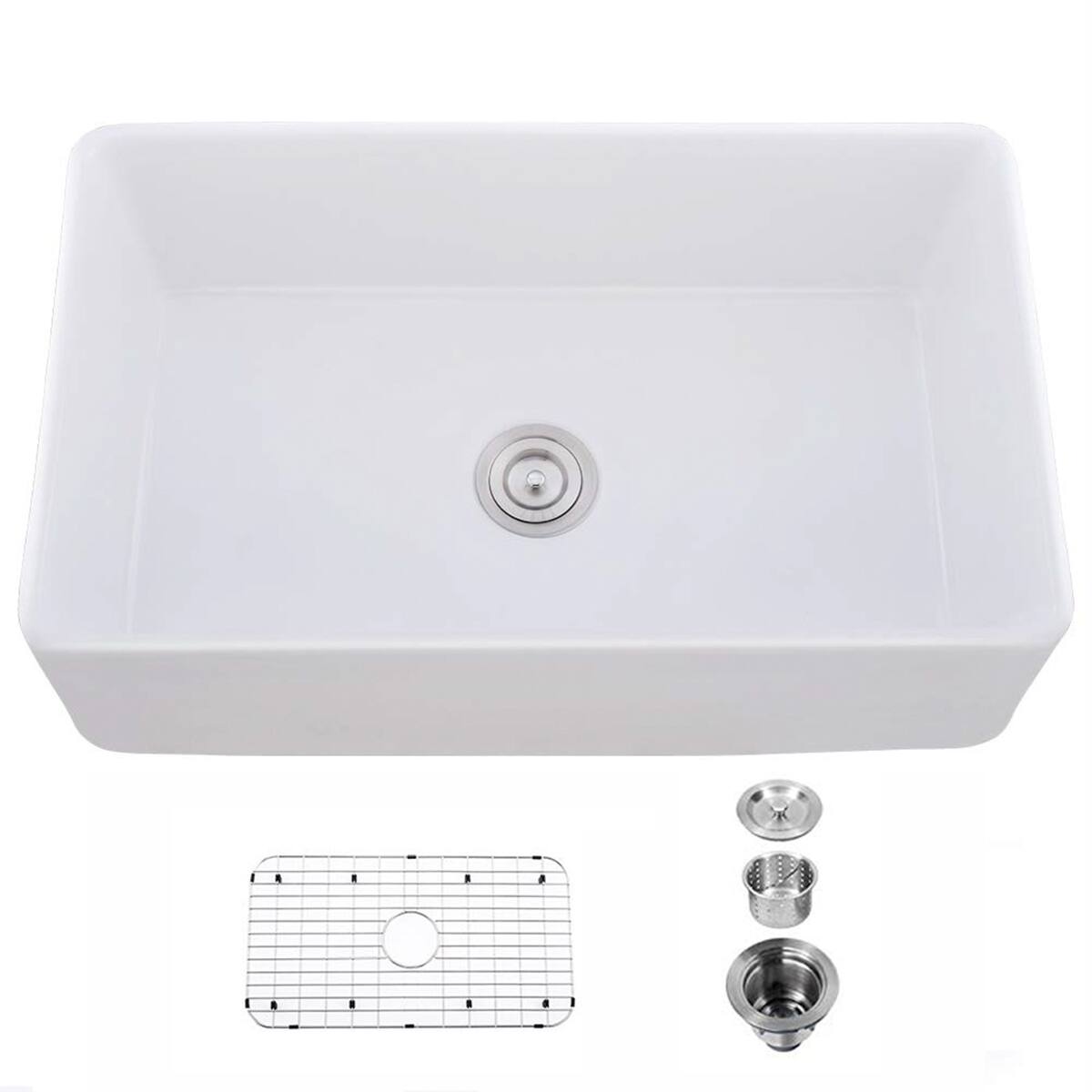 Front. Ropilly - Ropilly 33 Inch Farmhouse Kitchen Sink White Apron Front Single Basin Ceramic Sink with Basket Strainer - White.