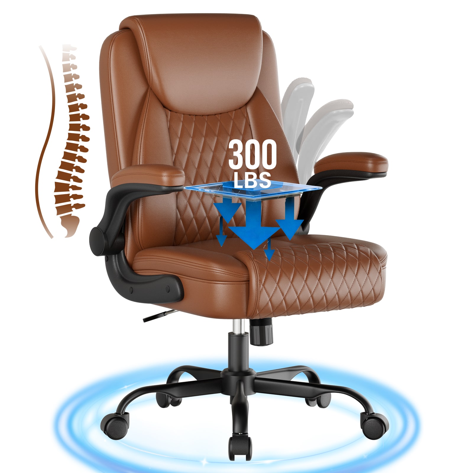 GTPlayer - Office Chair Ergonomic Home Office Desk Chairs Small Leather Executive Office Chairs with Flip-up Arms Height Adjustable - Brown