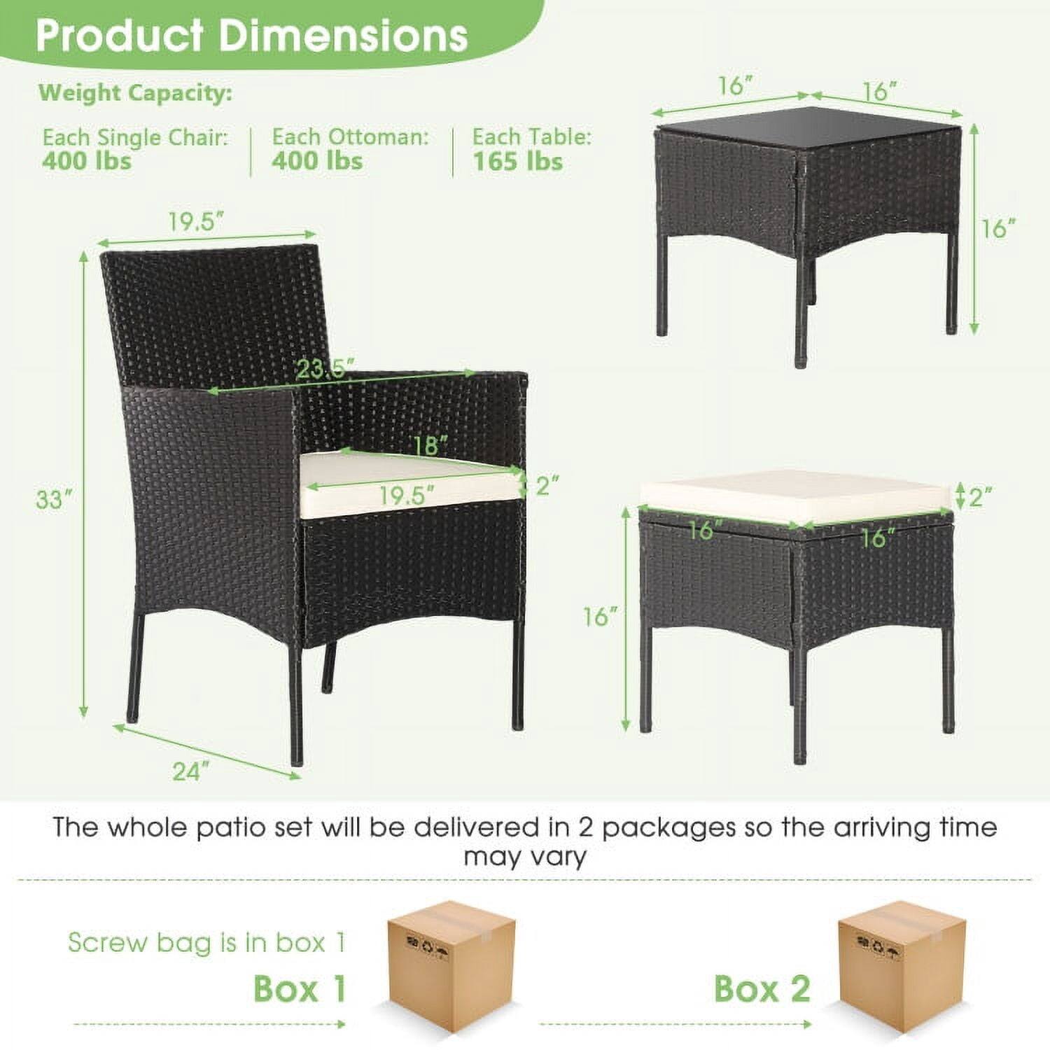 Product Dimensions  
Weight Capacity:  
Each Single Chair: 400 lbs  
Each Ottoman: 400 lbs  
Each Table: 165 lbs  

Dimensions:  
Each Single Chair:  
- Height: 33"  
- Width: 24"  
- Depth: 19.5"  
- Seat Height: 18"  
- Seat Depth: 19.5"  

Each Ottoman:  
- Height: 2"  
- Width: 16"  
- Depth: 16"  

Each Table:  
- Height: 16"  
- Width: 16"  
- Depth: 16"  

The whole patio set will be delivered in 2 packages so the arriving time may vary.  
Screw bag is in box 1  
Box 1  
Box 2