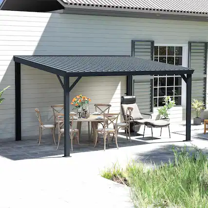 Front. Mondawe - 10x14FT Lean to Gazebo Hardtop,Expandable Wall Mounted Pergola,Gutters & Galvanized Steel Roof - Grey.