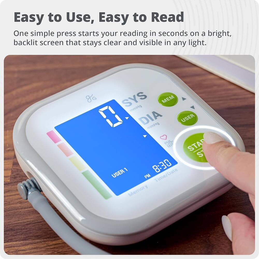 Easy to Use, Easy to Read

One simple press starts your reading in seconds on a bright, backlit screen that stays clear and visible in any light.

dG SYS MEM mmHg DIA mmHg USER PUL. MI STAP S USER 1 8:30 Date PM Time/Date Time/ Memory