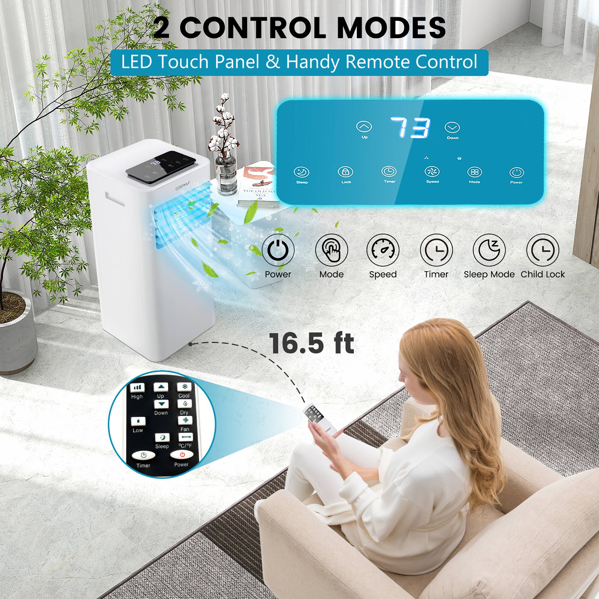2 CONTROL MODES: LED Touch Panel & Handy Remote Control. 73°C 20°C. 16.5 ft High up + Gae Down Dry Low - Sep Fan Timer Power Mode Speed Timer Sleep Mode Child Lock.