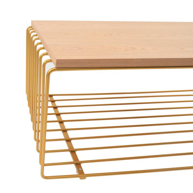 Alt View 5. LeisureMod - Walden Modern Ash Wood Veneer Coffee Table with Powder Coated Steel Base for Home Living Room - Gold.