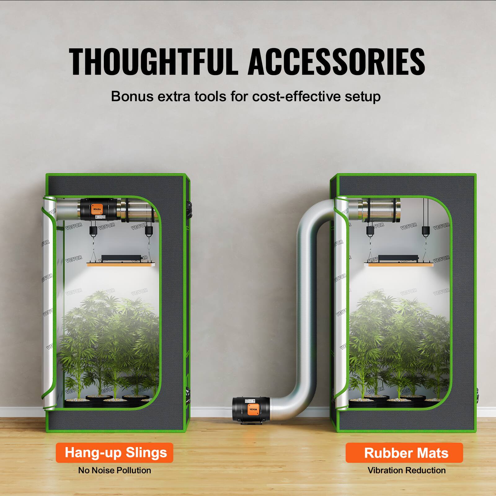 THOUGHTFUL ACCESSORIES  
Bonus extra tools for cost-effective setup  

- Hang-up Slings  
  No Noise Pollution  

- Rubber Mats  
  Vibration Reduction