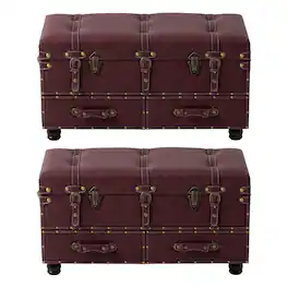 COZAYH - Vintage Storage Bench Upholstered Wooden Ottoman Chest, Magenta, Set of 2 - Dark Magenta