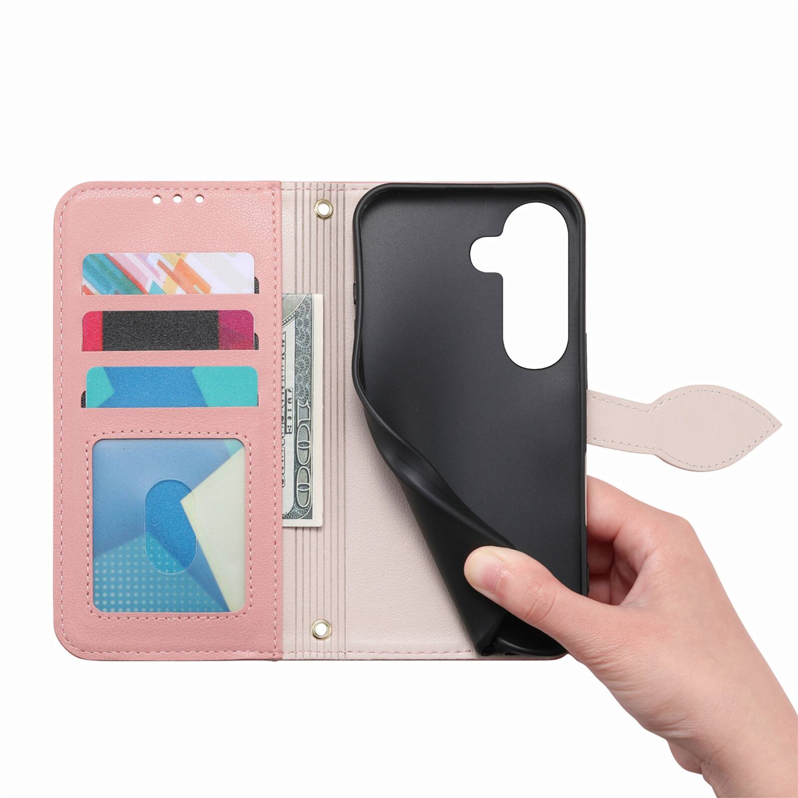 Angle. Dteck - for Samsung Galaxy S26 Wallet Case,PU Leather Flip Zipper Card Slot Leaf-Buckle Shockproof Cover with Wrist Strap - Rosegold.