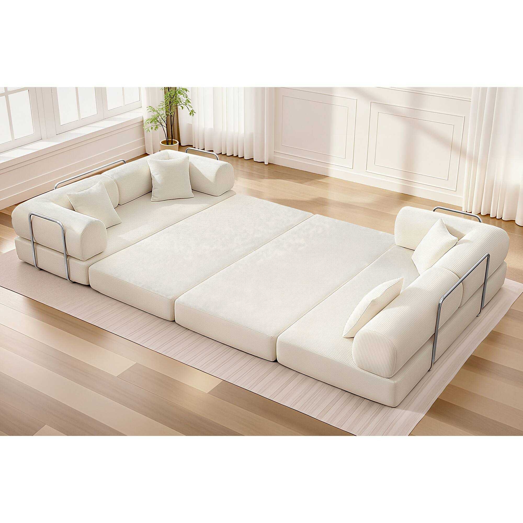 Angle. KERDOM - Upholstered L Shaped Modular Sofa Bed with Chaise, Corduroy Folding Floor Convertible Sofa Couch Bed for Living Room - Beige.