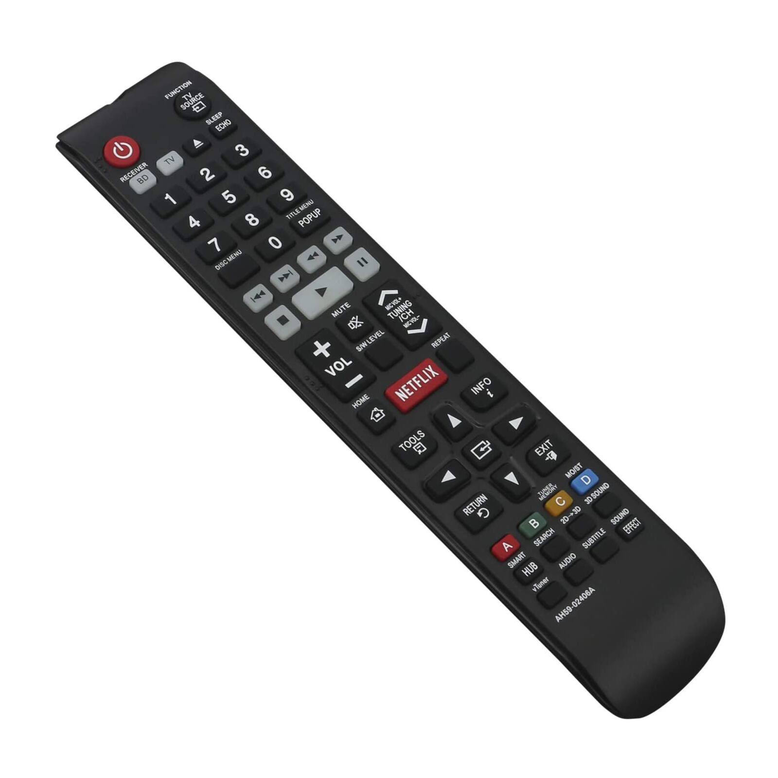 FUNCTION SOURCE TV BLEEP ECHO A 3 TV RECEIVER BD 2 6 1 5 9 TITLEMEND MENU 8 THLE POPUP 4 0  7 DISC/MENU 4 I P 144  MUTE TUNING ICH  - + SILEVEL SI REPEAT VOL - NETFLIX INFO i HOME TOOLS  EXIT d MOIST D JICEA C 30SOUND RETURN G 20-30 SOUND  20 EFFECT A SEARCH SUBTITLE SMART HUB AUDIO vTuner AH59 AH59-02406A