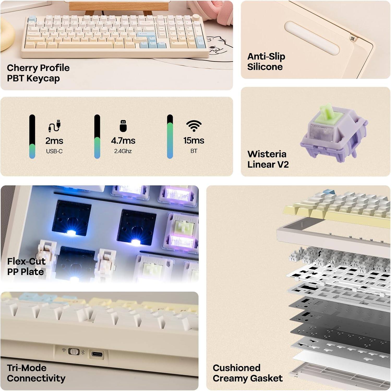 - Cherry Profile PBT Keycap
- Anti-Slip Silicone
- 2ms USB-C
- 4.7ms 2.4Ghz
- 15ms BT
- Wisteria Linear V2
- Flex-Cut PP Plate
- Tri-Mode Connectivity
- Cushioned Creamy Gasket
