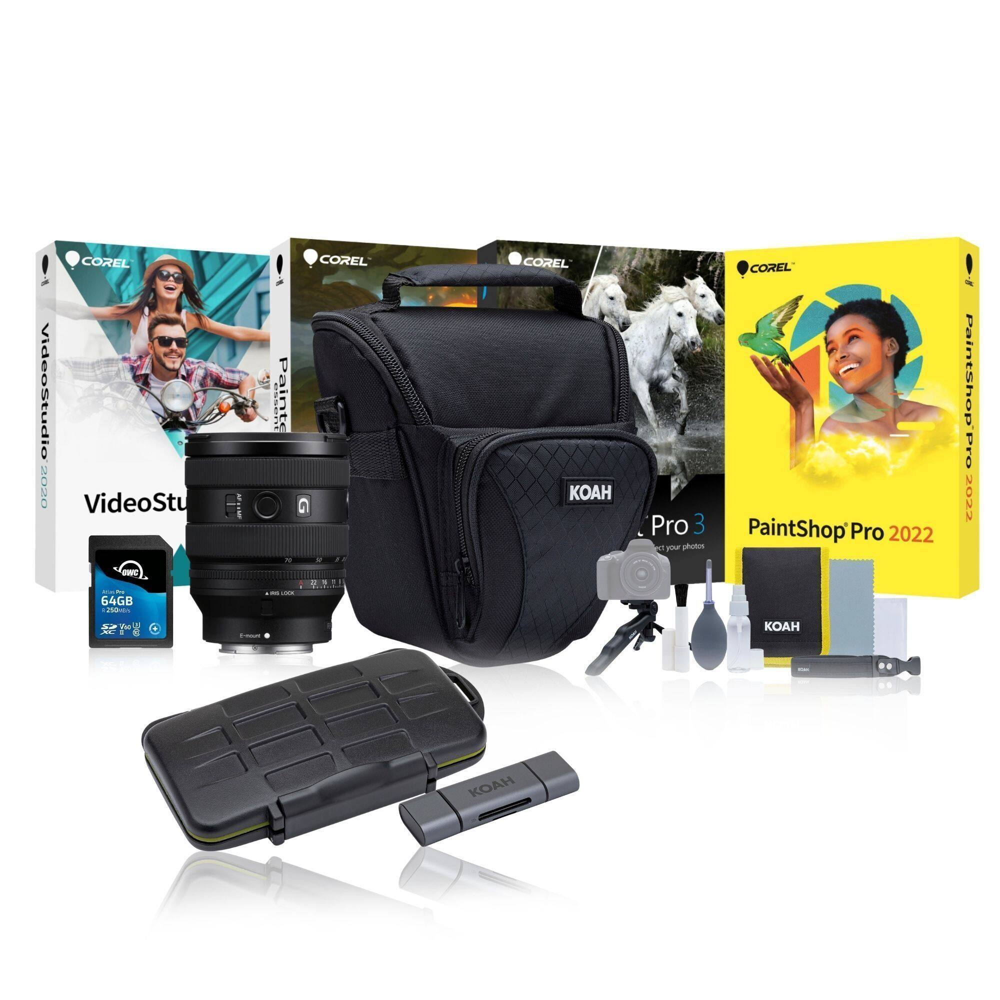 - VideoStudio 2022
- PaintShop Pro 2022
- PaintShop Pro 3
- 64GB SD Card
- KOAH Camera Bag
- KOAH Accessories (including lens, tripod, cleaning kit, etc.)
