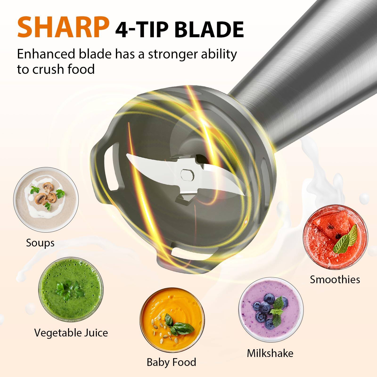 SHARP 4-TIP BLADE  
Enhanced blade has a stronger ability to crush food  

Soups  
Vegetable Juice  
Baby Food  
Milkshake  
Smoothies