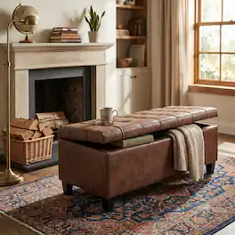 Simpli Home - Harrison 48W Large Storage Ottoman Bench - Distressed Saddle Brown