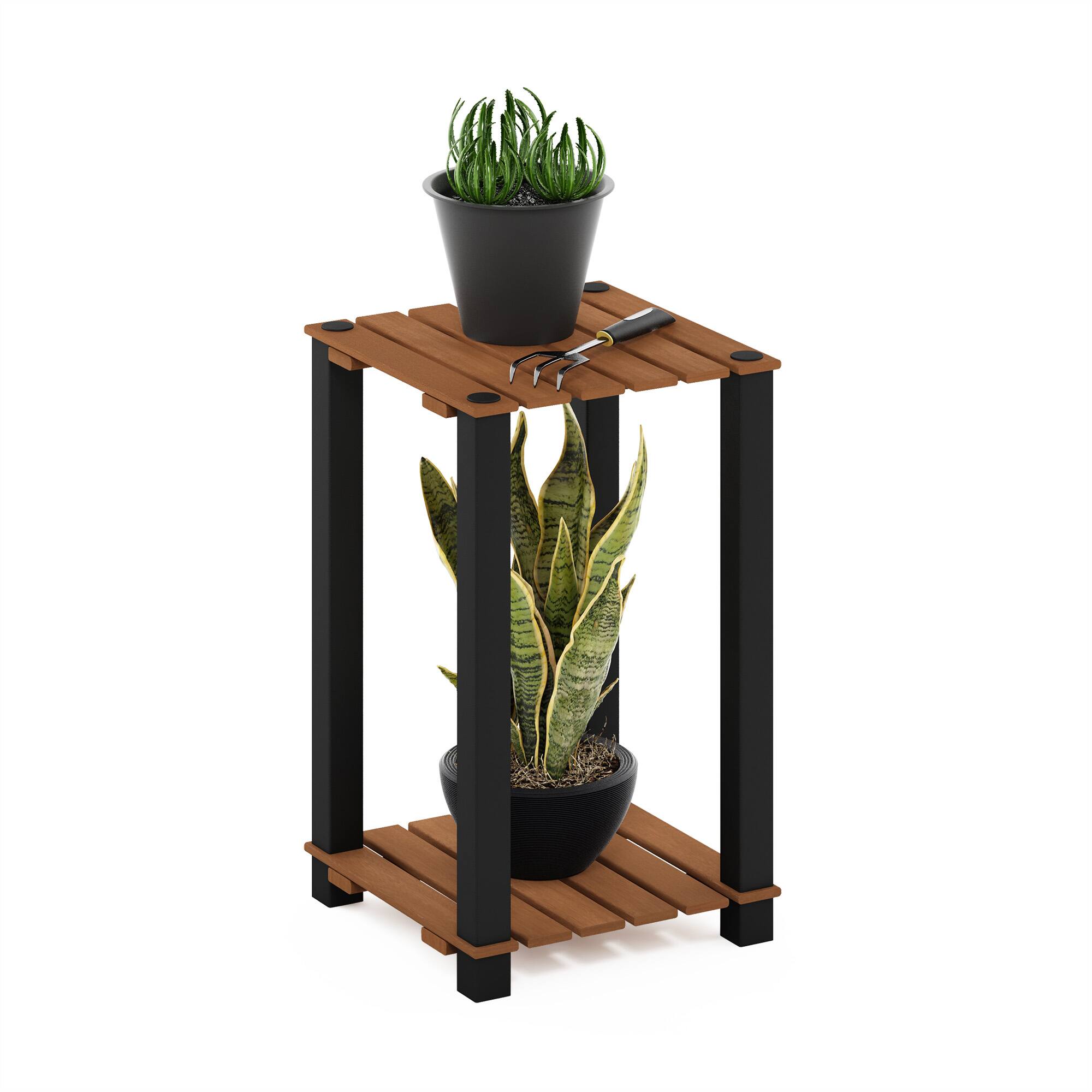 Alt View 3. Furinno - Pangkor 2-Tier Turn-N-Tube Indoor Outdoor Plant Shelf Wood Side Table with Square Poles - Natural/Black.