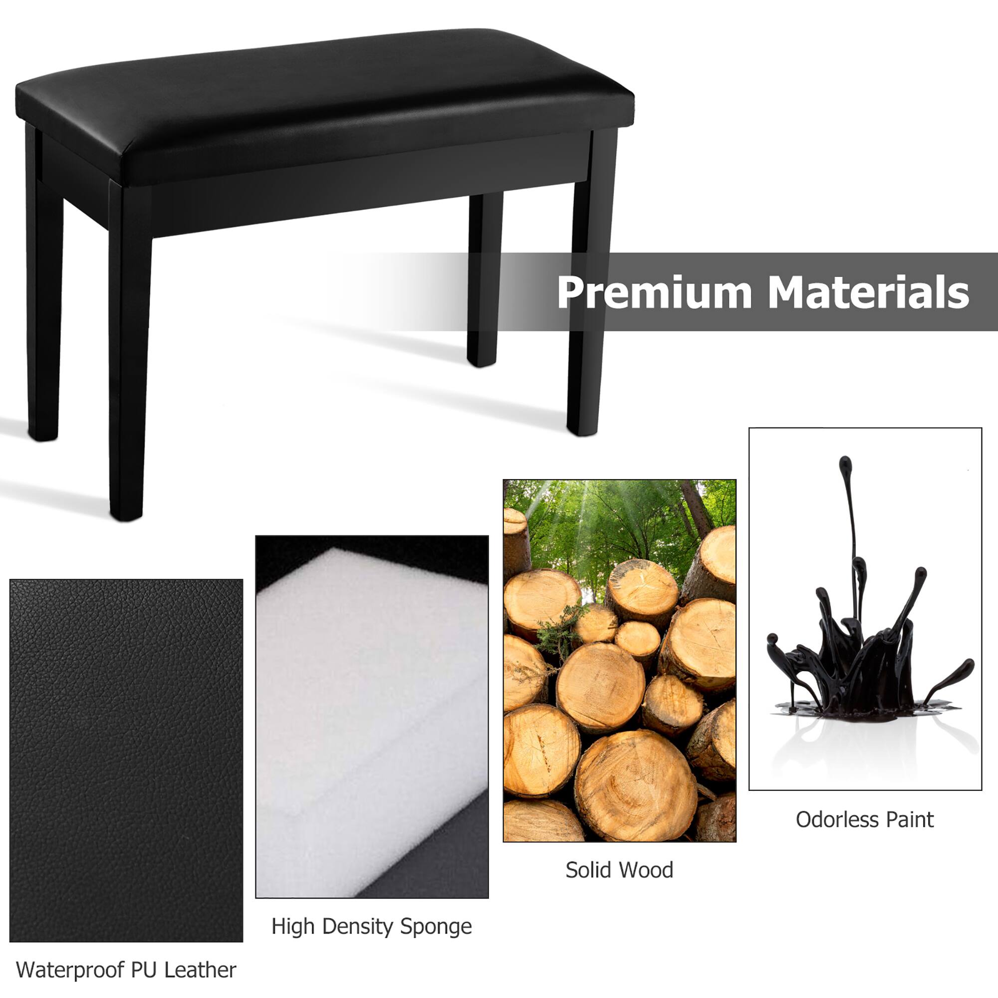 Premium Materials  
Odorless Paint  
Solid Wood  
Waterproof PU Leather  
High Density Sponge