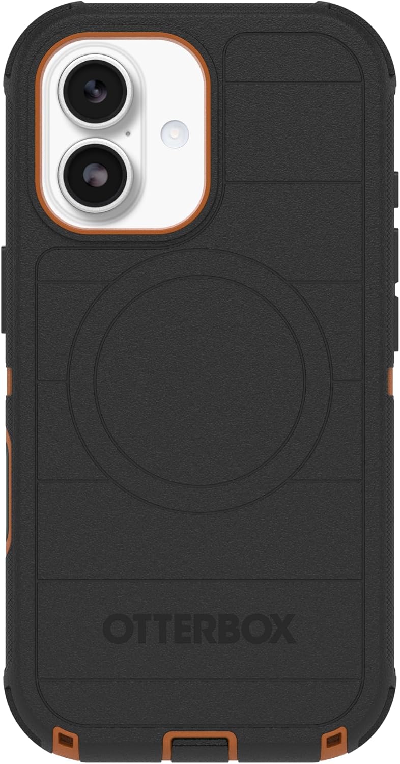 Left. OtterBox - OtterBox iPhone 17 (Only) - Defender Series Case - Case Only - Snaps on MagSafe - Tough - Rugged & Durable - Black Chateau (Black & Orange).