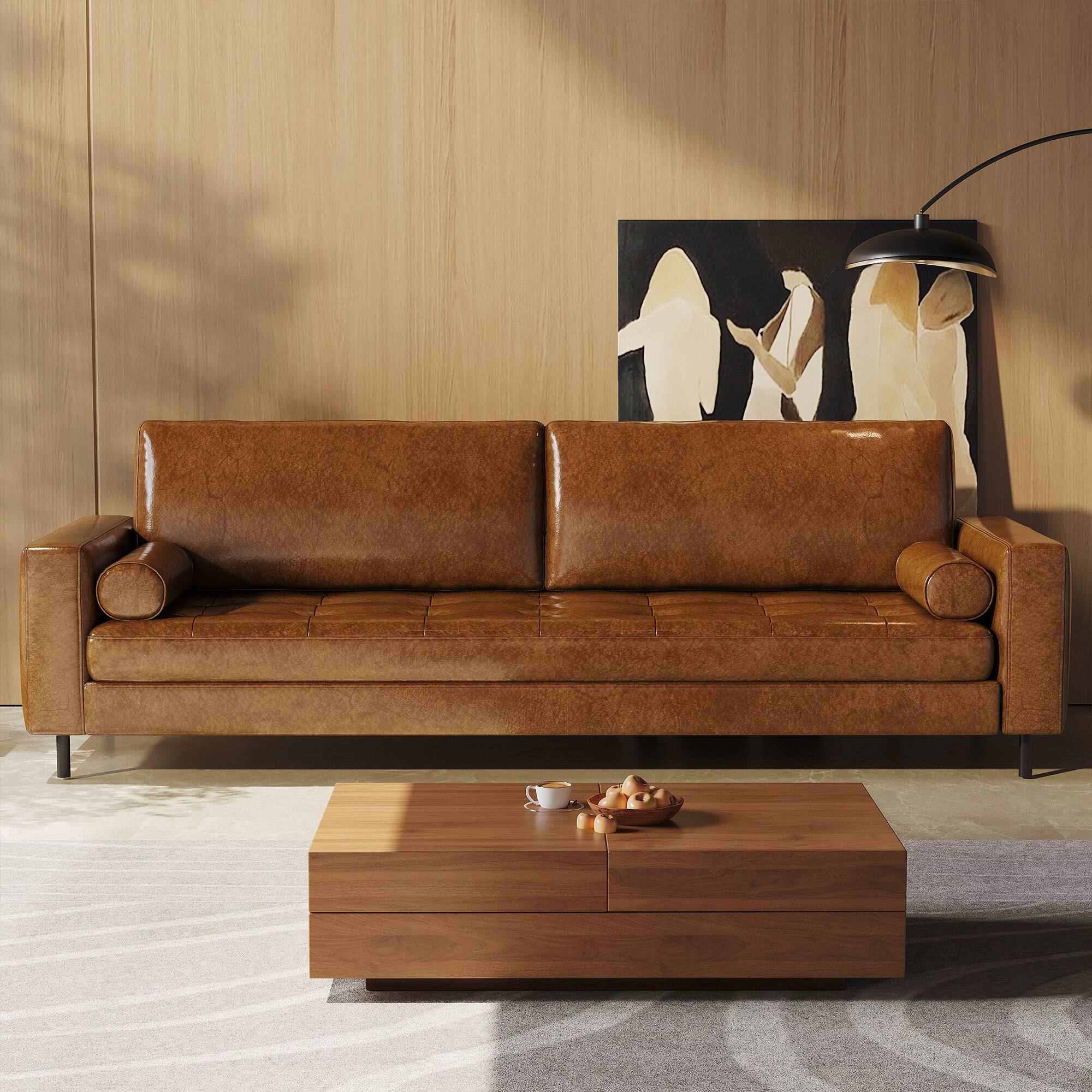 Angle. luck idea - 80.31" Luxury Oil-Waxed Leather Sofa, High-End Vintage Sofa, Sturdy Frame, Comfortable Seating - Brown.