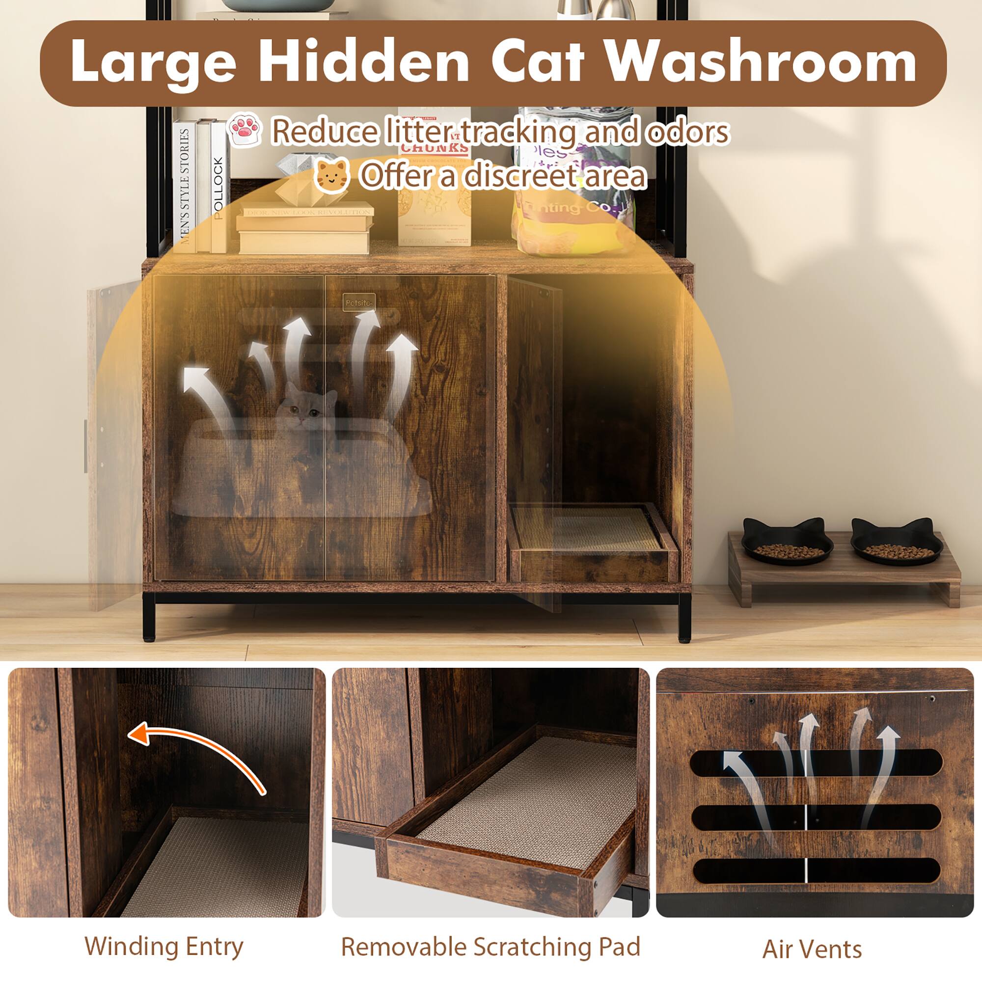 Large Hidden Cat Washroom

- Reduce litter tracking and odors
- Offer a discreet area

Features:
- Winding Entry
- Removable Scratching Pad
- Air Vents