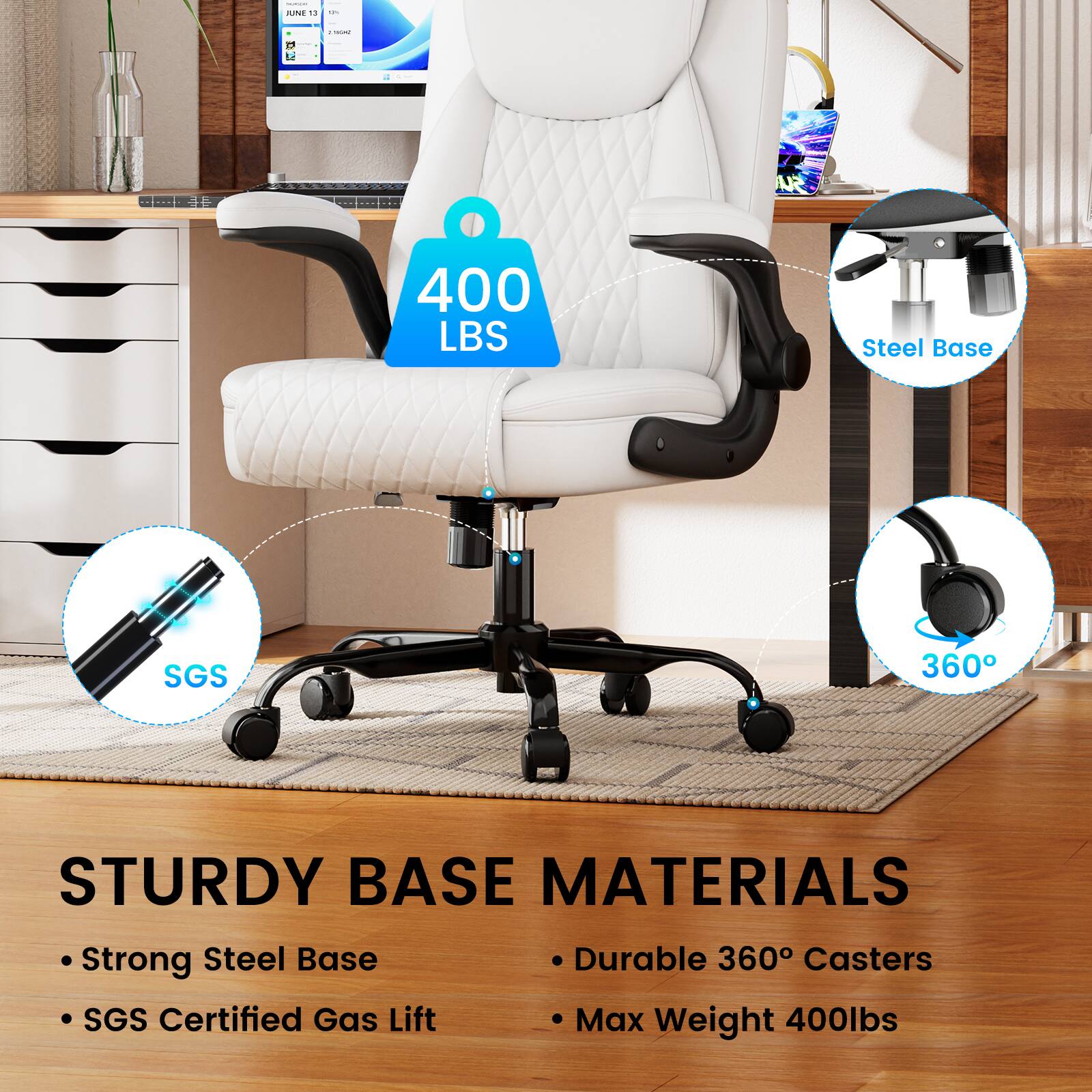 - JINE - D I - su 400 LBS Steel Base SGS 360 STURDY BASE MATERIALS Strong Steel Base Durable 360 Casters SGS Certified Gas Lift Max Weight 400lbs