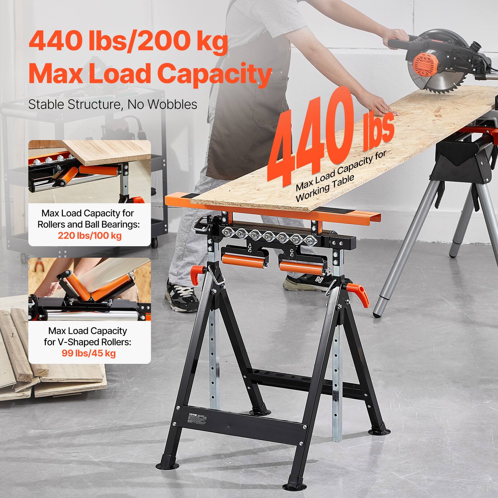 440 lbs/200 kg Max Load Capacity  
Stable Structure, No Wobbles  

440 lbs for Load Capacity Max Table Working  

Max Load Capacity for Rollers and Ball Bearings: 220 lbs/100 kg  

Max Load Capacity for V-Shaped Rollers: 99 lbs/45 kg