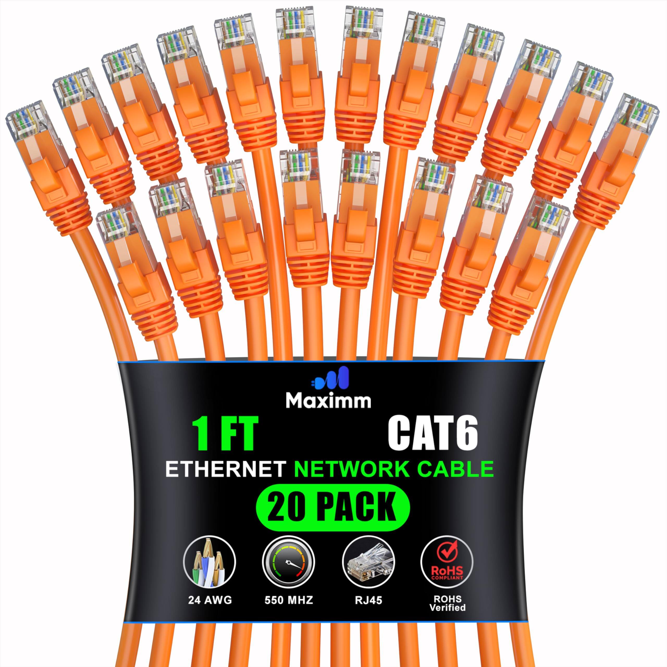 Maxim 1 FT CAT6 Ethernet Network Cable 20 Pack RoHS Compliant 24 AWG 550 MHz RJ45 RoHS Verified