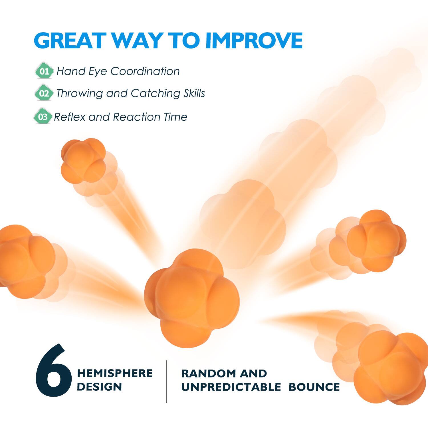 GREAT WAY TO IMPROVE
01 Hand Eye Coordination
02 Throwing and Catching Skills
03 Reflex and Reaction Time
6 HEMISPHERE DESIGN
RANDOM AND UNPREDICTABLE BOUNCE