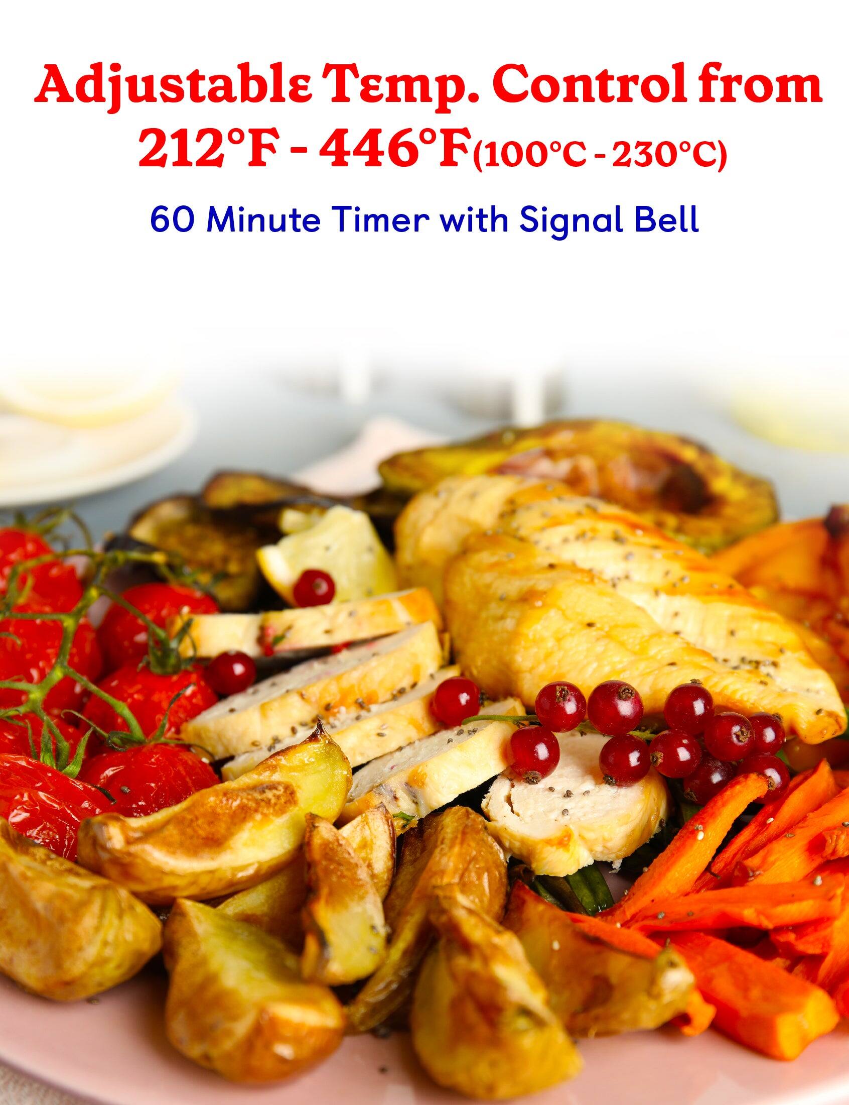 Adjustable Temp. Control from 212F-446F (100C-230C), 60 Minute Timer with Signal Bell.