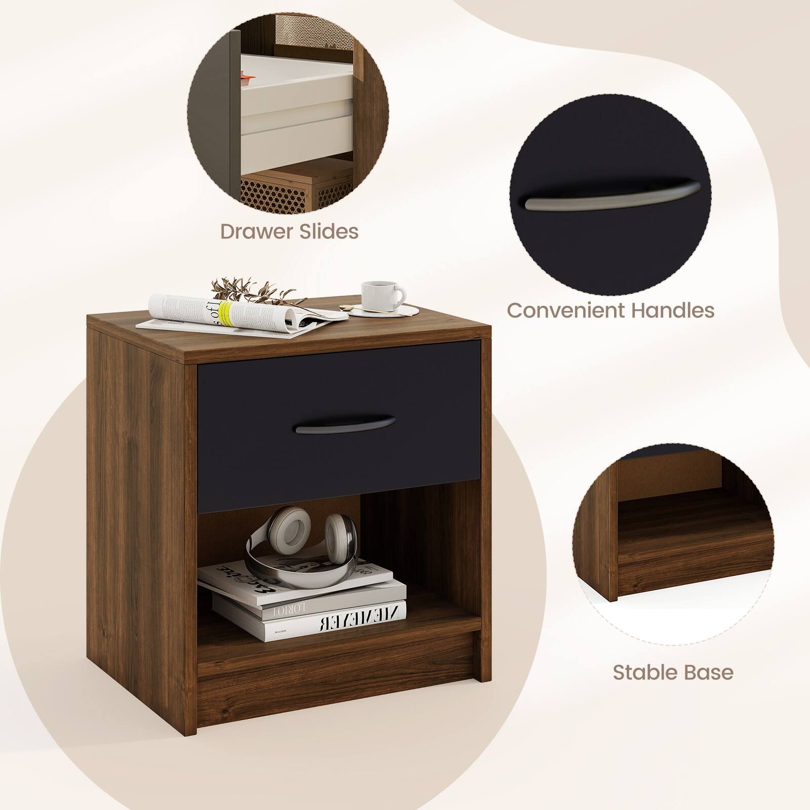 Drawer Slides, Convenient Handles, Stable Base