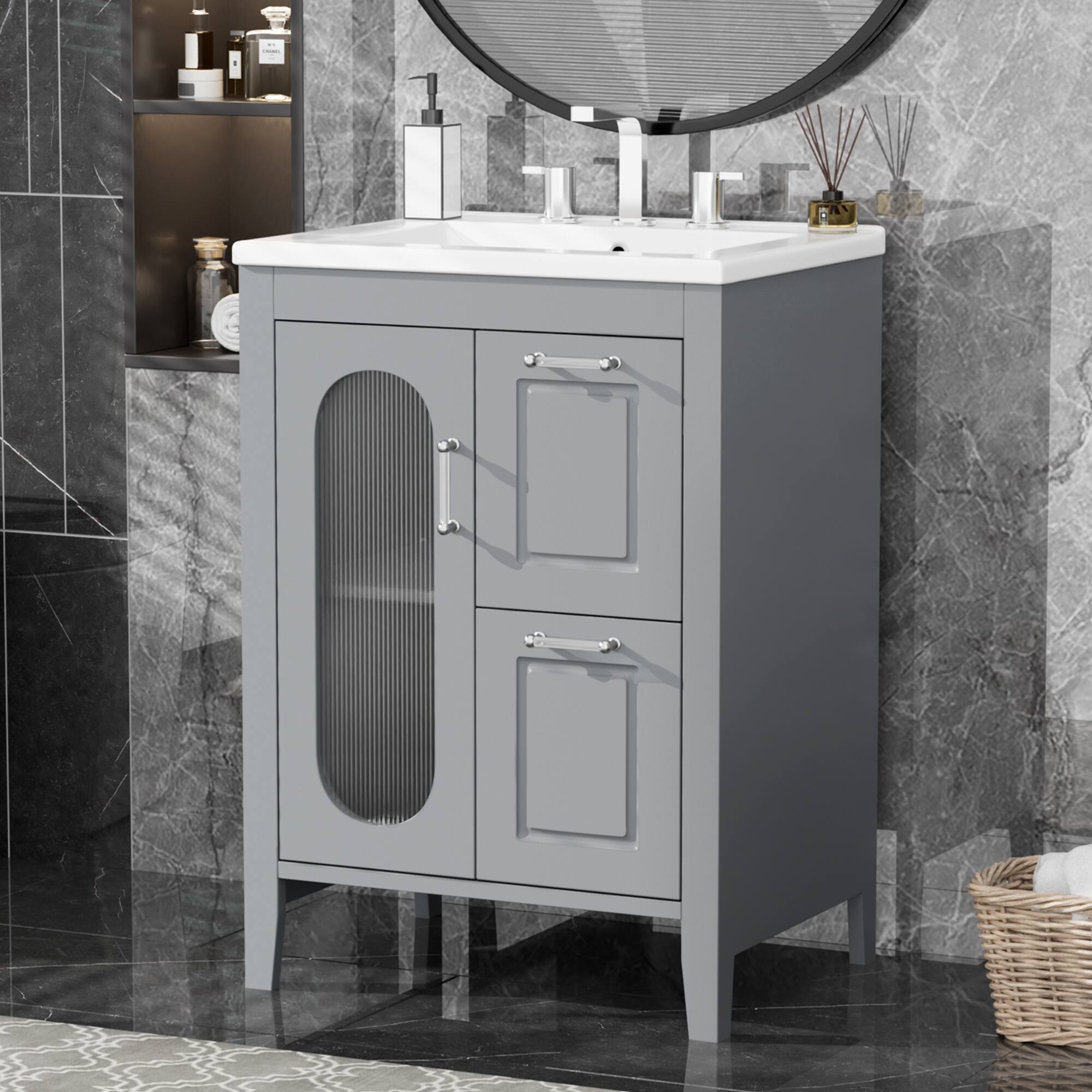 Front. Tiramisubest - 24" Bathroom Vanity with Sink, Bathroom Vanity Cabinet with Two Drawers and Door, Adjustable Shelf, Grey - Grey.