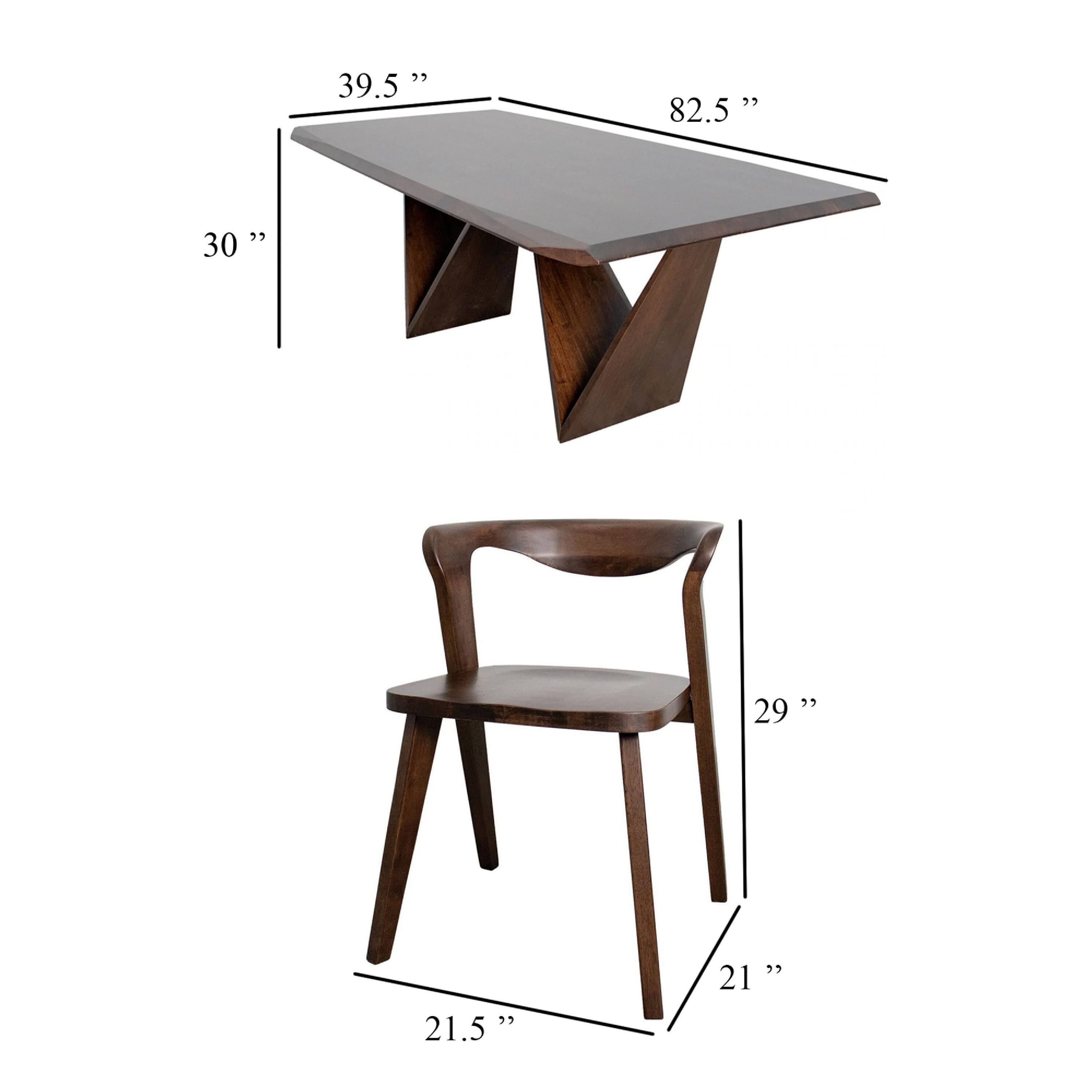 - Table:
  - Length: 82.5"
  - Width: 39.5"
  - Height: 30"

- Chair:
  - Height: 29"
  - Seat Height: 21"
  - Width: 21.5"