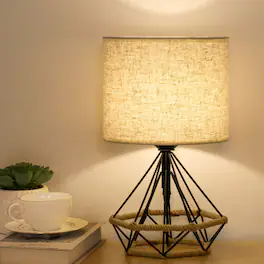 Oumilen - 15In Black Metal Frame Table Lamp with Jute Rope Accent Linen Shade Modern Geometric Bedside Lamp