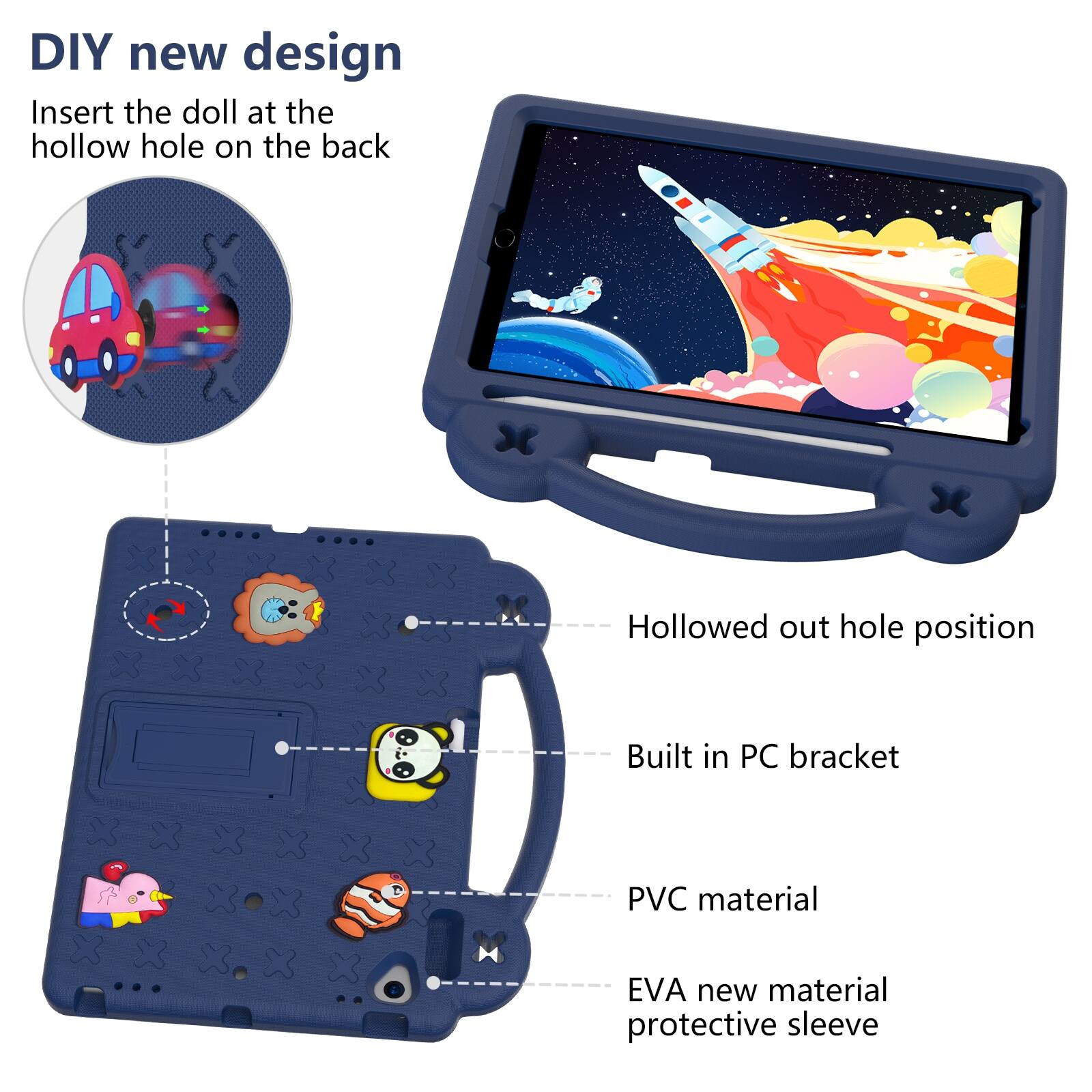 DIY new design  
Insert the doll at the hollow hole on the back  

Hollowed out hole position  
Built in PC bracket  
PVC material  
EVA new material protective sleeve