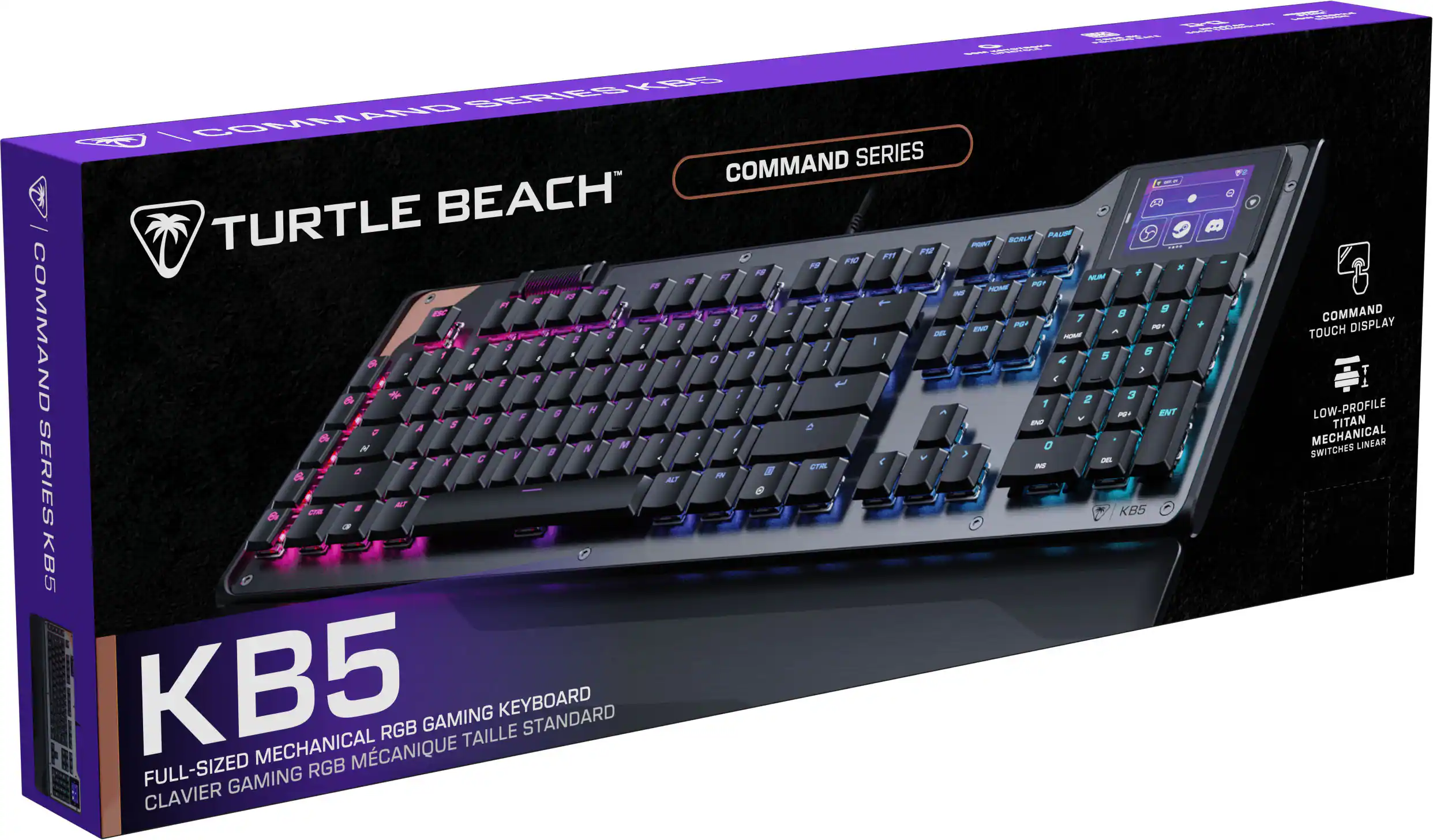 PLA d - Kps BERIe ANO ME CAT COMMAND SERIES TURTLE BEACH PALM BCRU PONT .... FM F11 F10 F9 F + F NUA N  PO R NOM P I FS 1 M ~ F 2 . F 8 /  7 5 9 PO+ COMMAND  ENC P 9 7 / on A 5 , 6 A a NOW I 1 3 / 1 6 1 . P F 5 , 0  &  U / / Y 7 R T e e W E ~ a 3 & & 2 K A S N 2 A ENT F P e V 5 1 - A 2 N M 0 V B 2 , C V DE X  I C N SERIES e & IN ACT AT 2E KB5 KB5 0321 KB5 MECHANICAL MCANIQUE RGB GAMING TAILLE KEYBOARD STANDARD FULL-SIZED RGB GAMING CLAVIER + COMMAND TOUCH DISPLAY T LOW-PROFILE TITAN MECHANICAL LINEAR SWITCHES

Corrected text:

PLA d - Kps BERIe ANO ME CAT COMMAND SERIES TURTLE BE