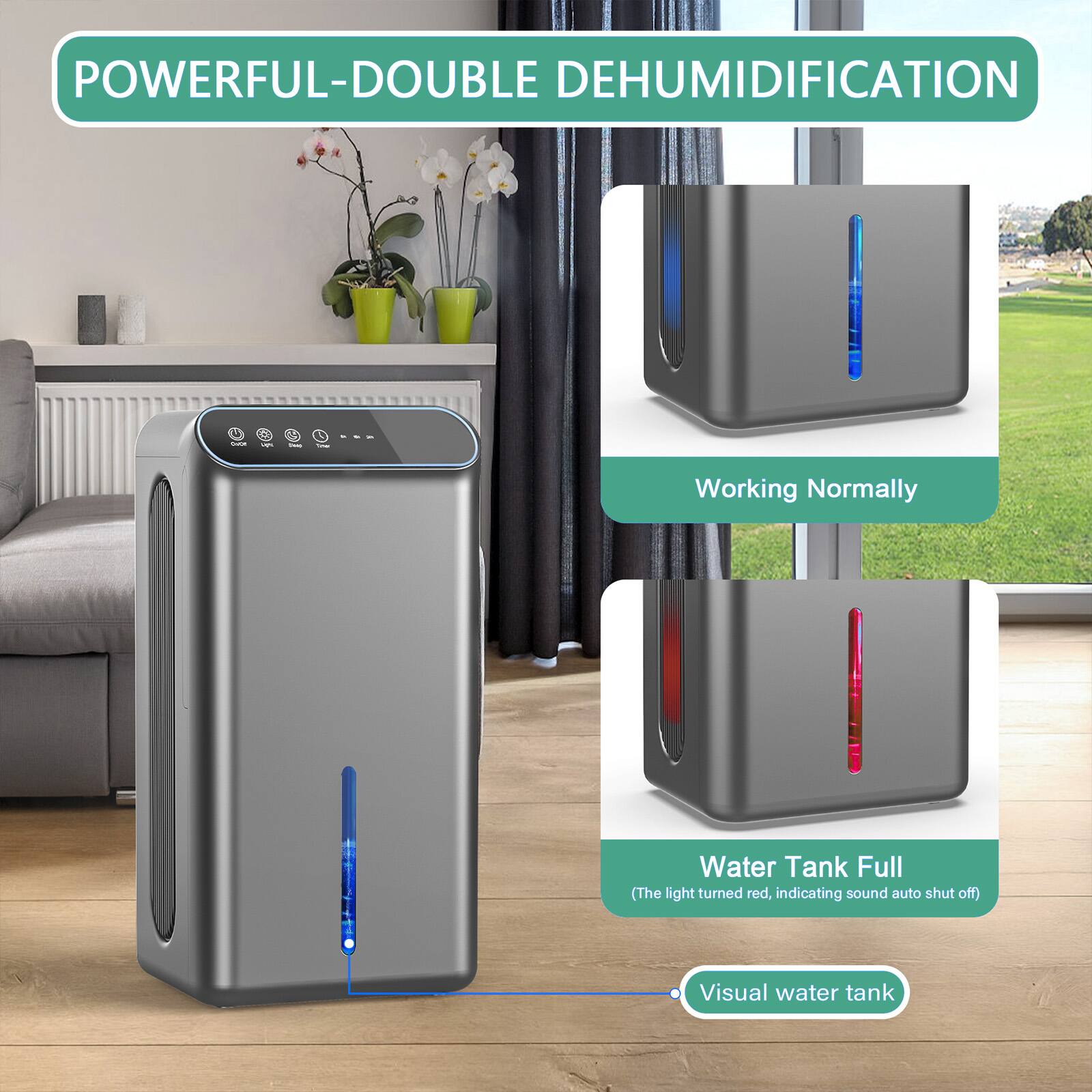 POWERFUL-DOUBLE DEHUMIDIFICATION

Working Normally  
Water Tank Full  
(The light turned red, indicating sound auto shut off)  
Visual water tank