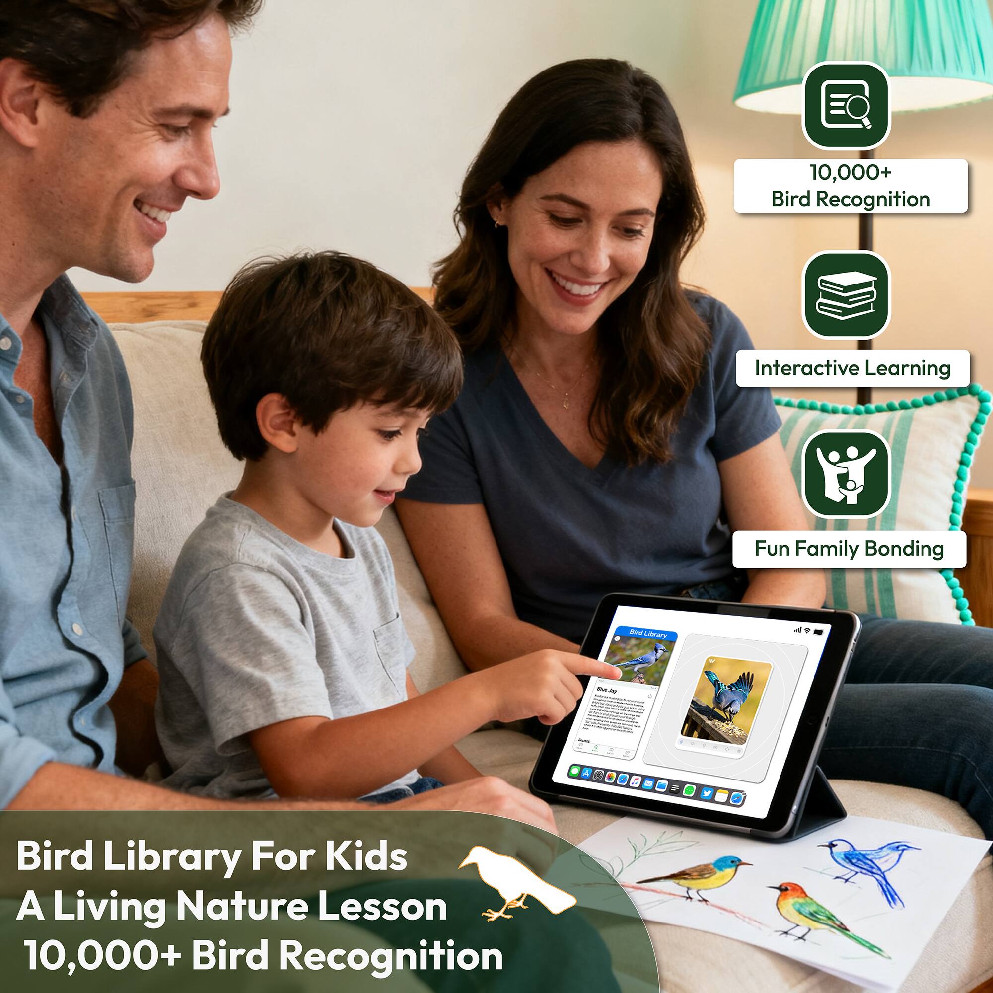 Bird Library For Kids  
A Living Nature Lesson  
10,000+ Bird Recognition  

10,000+ Bird Recognition  
Interactive Learning  
Fun Family Bonding