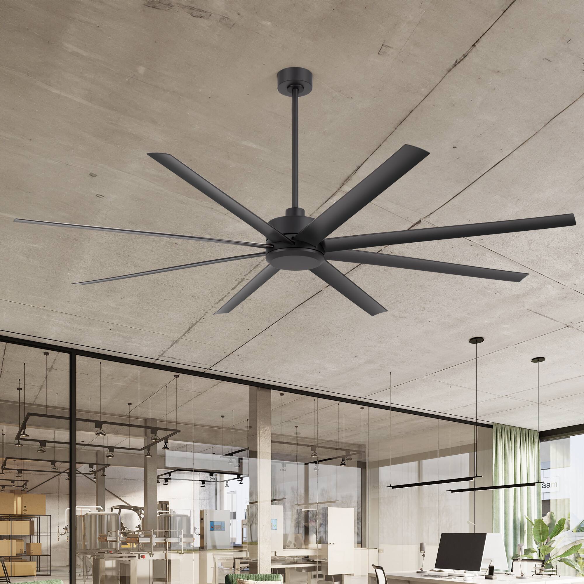 Left. Breezary - 84-in Large Ceiling Fan with 8 ABS Blades, 6-Speed DC Motor, Remote Control, 3 Downrods with Timer, Optional Light Kit - Matte Black (Without Light).
