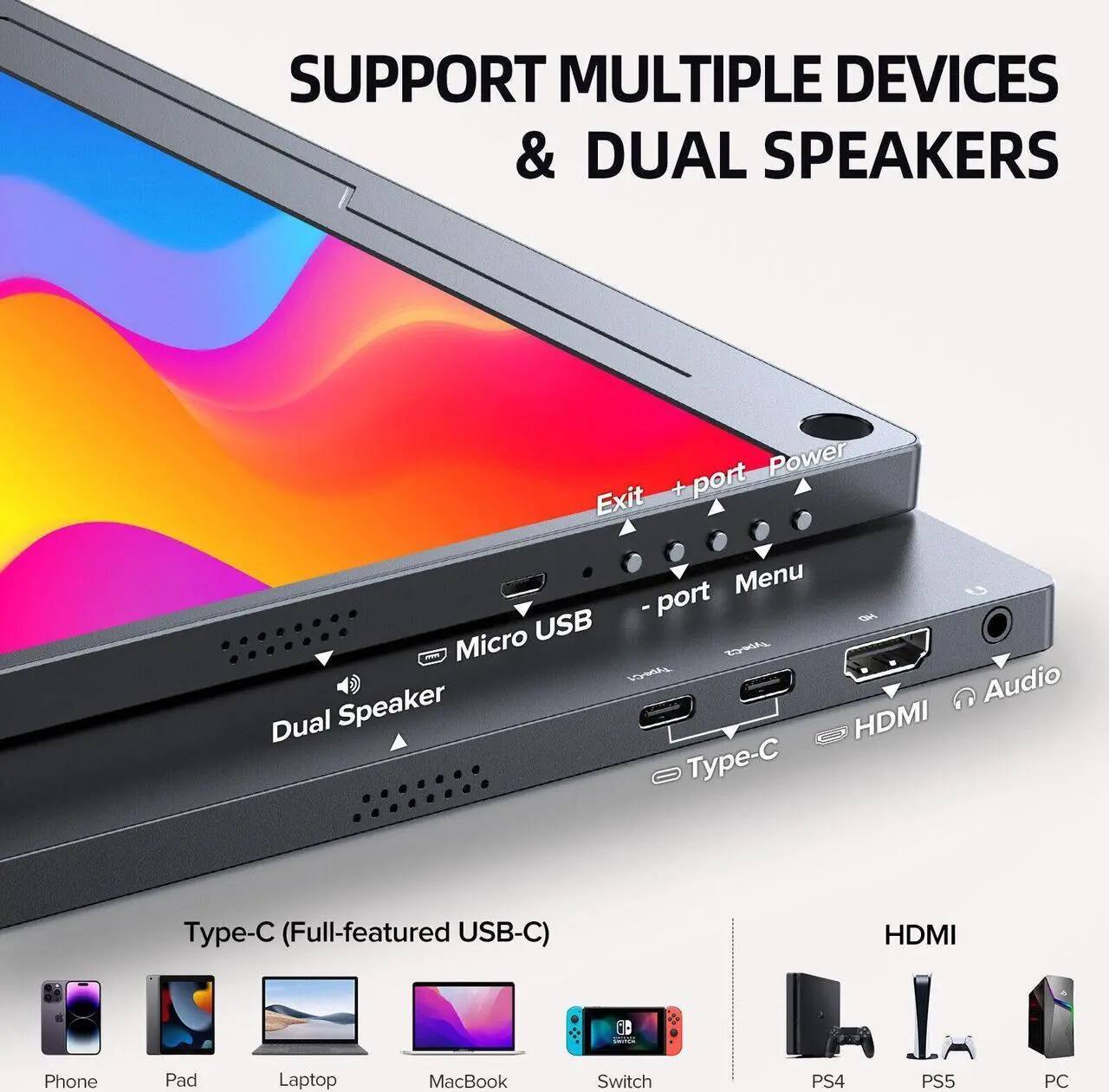 SUPPORT MULTIPLE DEVICES & DUAL SPEAKERS

- Micro USB
- Type-C (Full-featured USB-C)
- HDMI
- Audio

Devices Supported:
- Phone
- Pad
- Laptop
- MacBook
- Switch
- PS4
- PS5
- PC

Buttons:
- Exit
- + port
- Power
- - port
- Menu