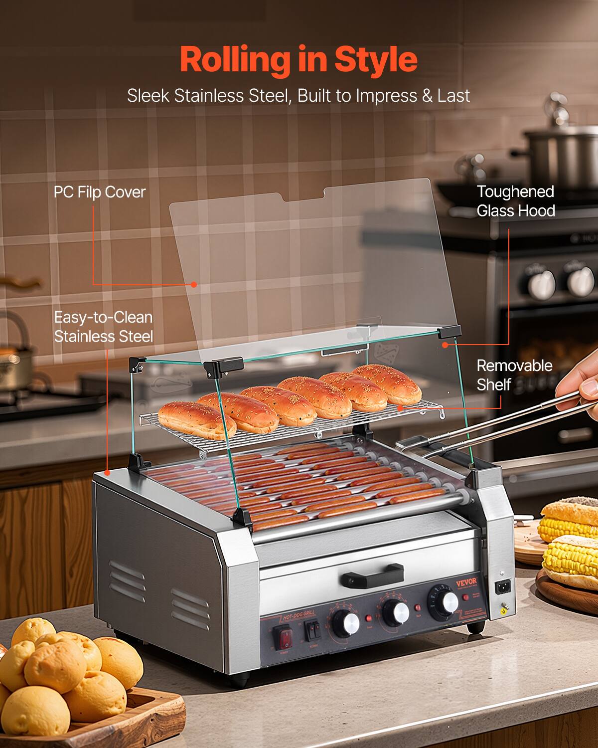 Rolling in Style  
Sleek Stainless Steel, Built to Impress & Last

- PC Flip Cover
- Toughened Glass Hood
- Easy-to-Clean Stainless Steel
- Removable Shelf

VEVOR  
HOT-DOG GRILL