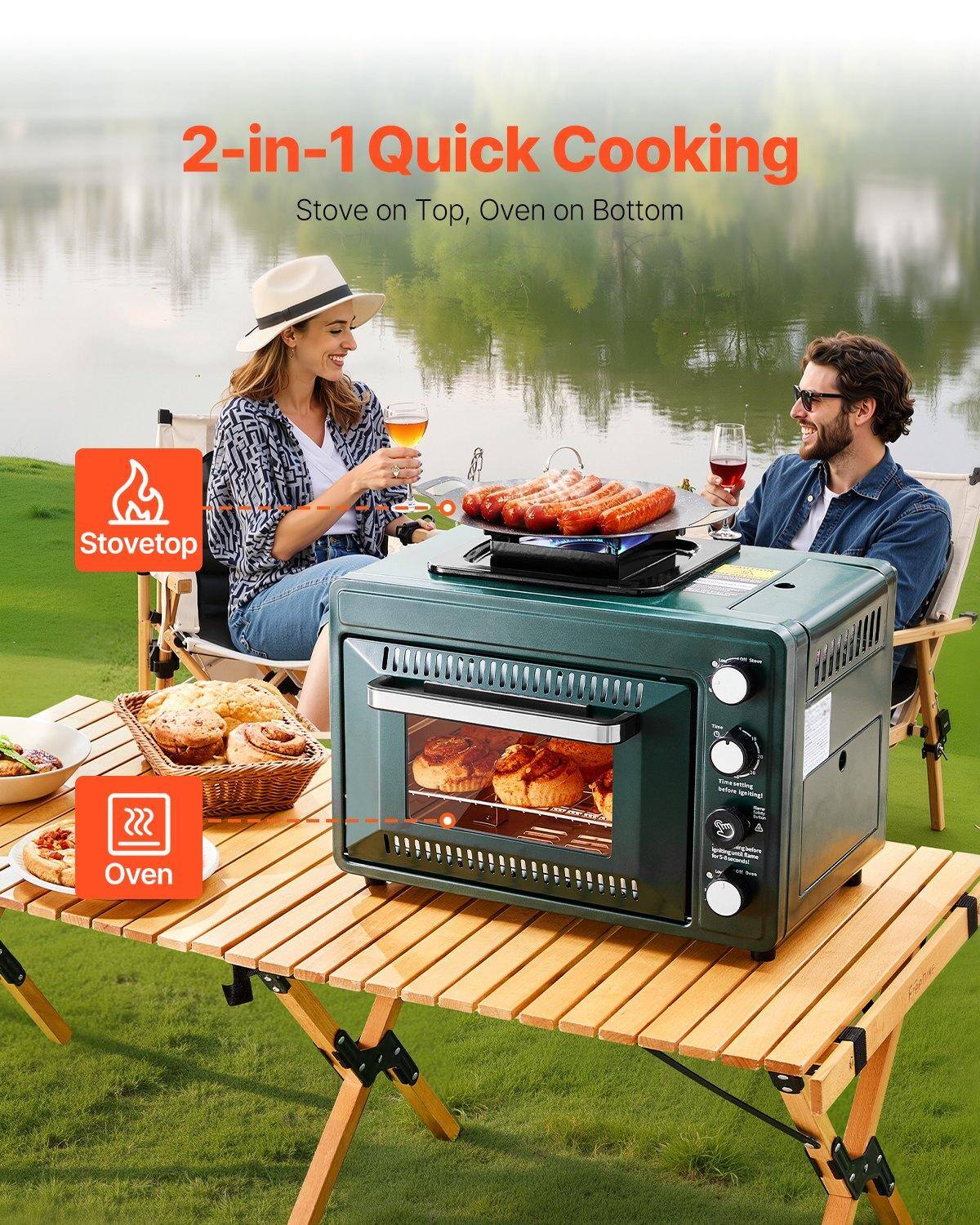 2-in-1 Quick Cooking  
Stove on Top, Oven on Bottom  

Stovetop  
Oven