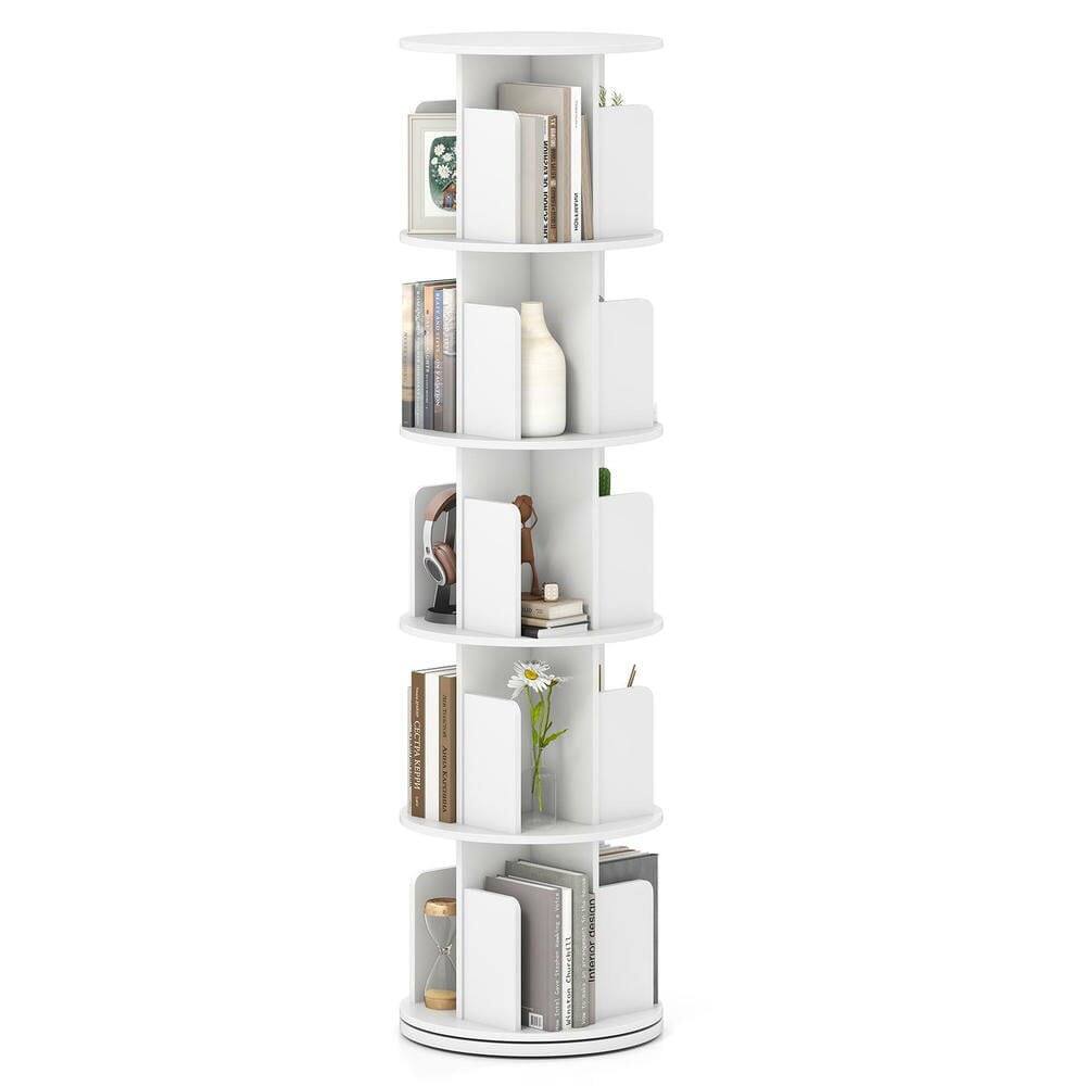 Kadyn - 5-Tier 360° Rotating Bookshelf - Display Rack with Dividers & Anti-Falling Baffles - White