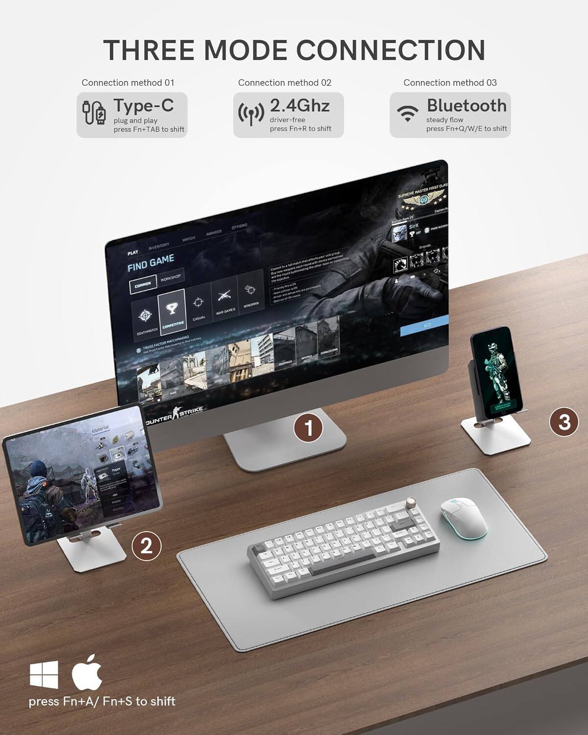 THREE MODE CONNECTION

Connection method 01  
Type-C  
plug and play  
press Fn+TAB to shift

Connection method 02  
2.4Ghz  
driver-free  
press Fn+R to shift

Connection method 03  
Bluetooth  
steady flow  
press Fn+Q/W/E to shift

press Fn+A/ Fn+S to shift